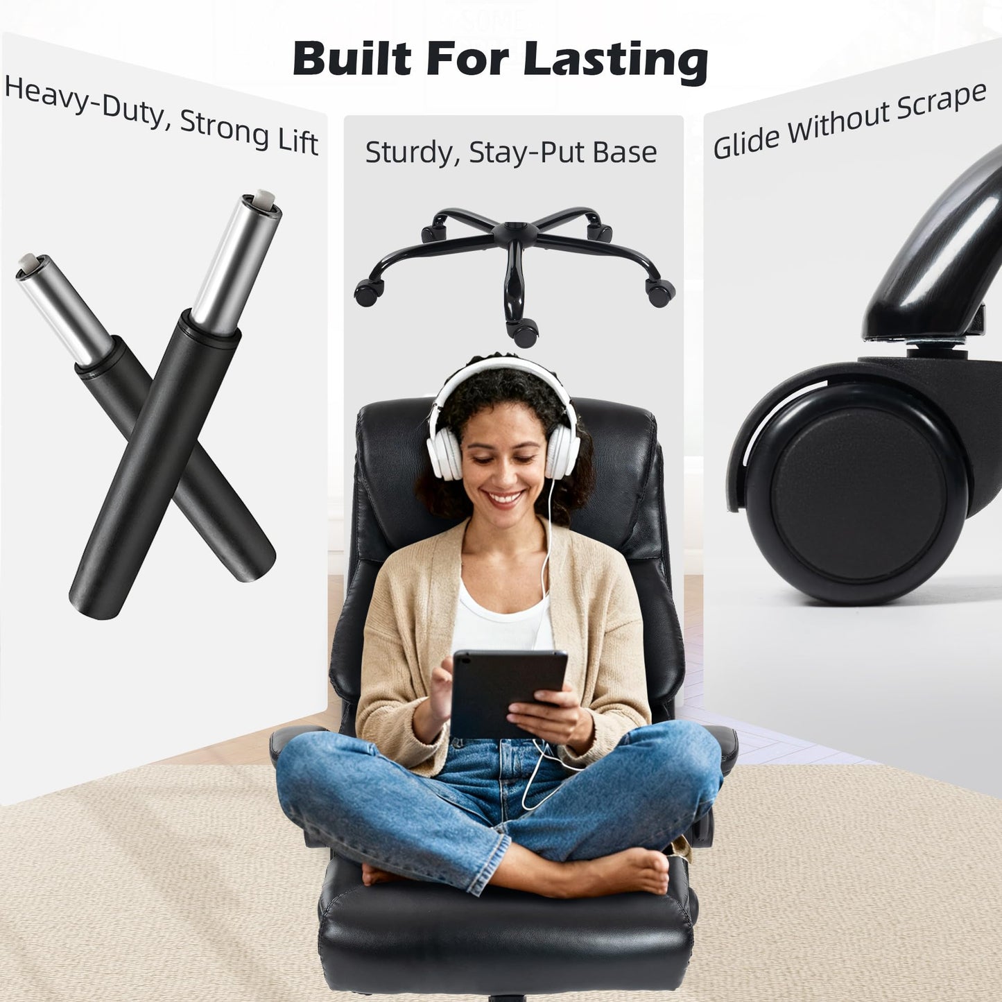 Office Chair - Ergonomic High Back Computer Desk Chair with Rocking Function & Lumbar Support - Executive Comfortable Wide Swivel Rolling Office Leather Chair with Flip-up Armrests for Home Gaming