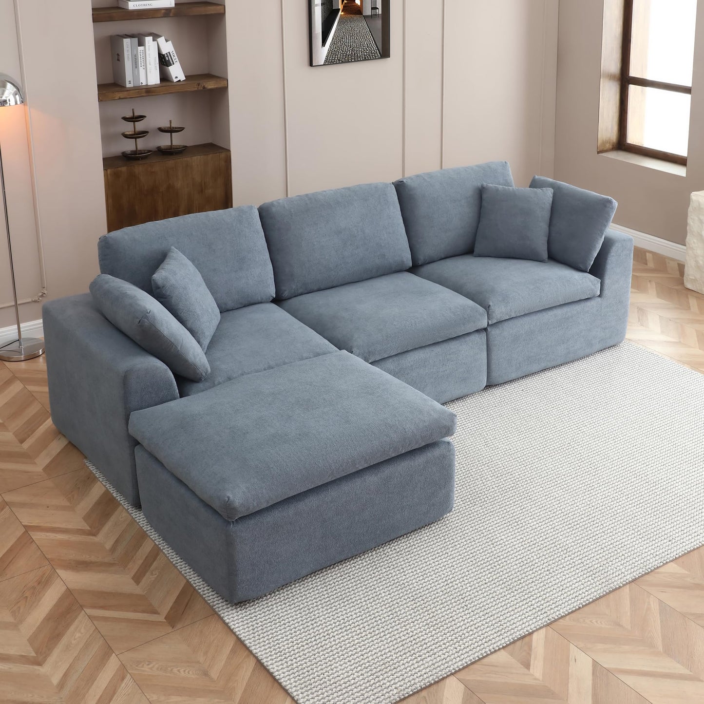 111-Inch L-Shaped Modular Boneless Cloud Sectional Sofa 4 Seat Floor Foam Sofa Couches Deep Seat with Ottoman,Comfy Fabric Upholstered 4 PCS Compressed Cloud Couch