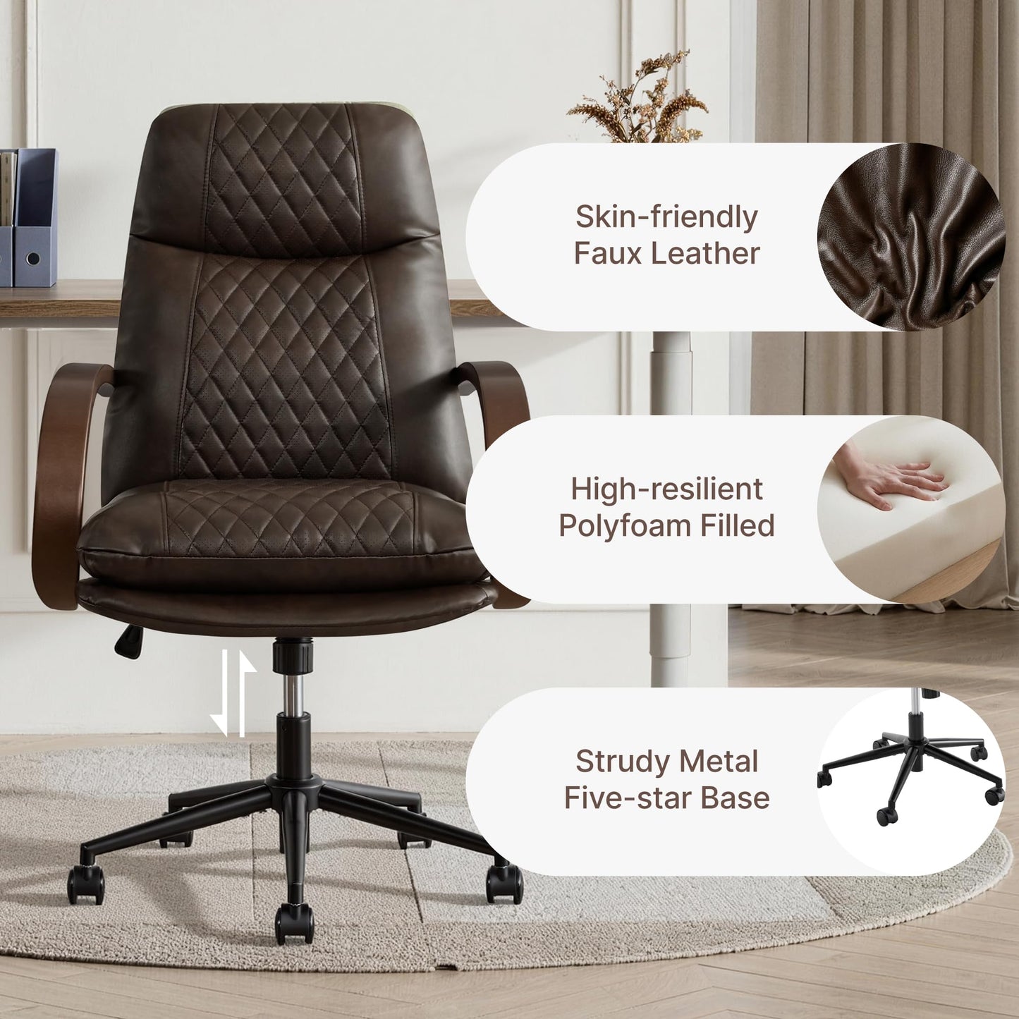 KISLOT Home Office Desk Chair, Ergonomic Office Chair with Lumbar Support, Adjustable Swivel Computer Chair with Wheels, Faux Leather Executive Task Chair with Wood Arms, Espresso