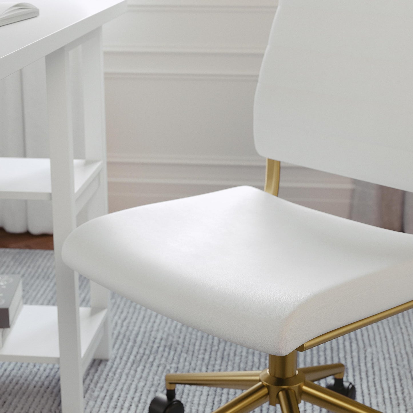 Martha Stewart Ivy Armless Swivel Task Chair for Home Office in White Faux Leather with Polished Brass Frame