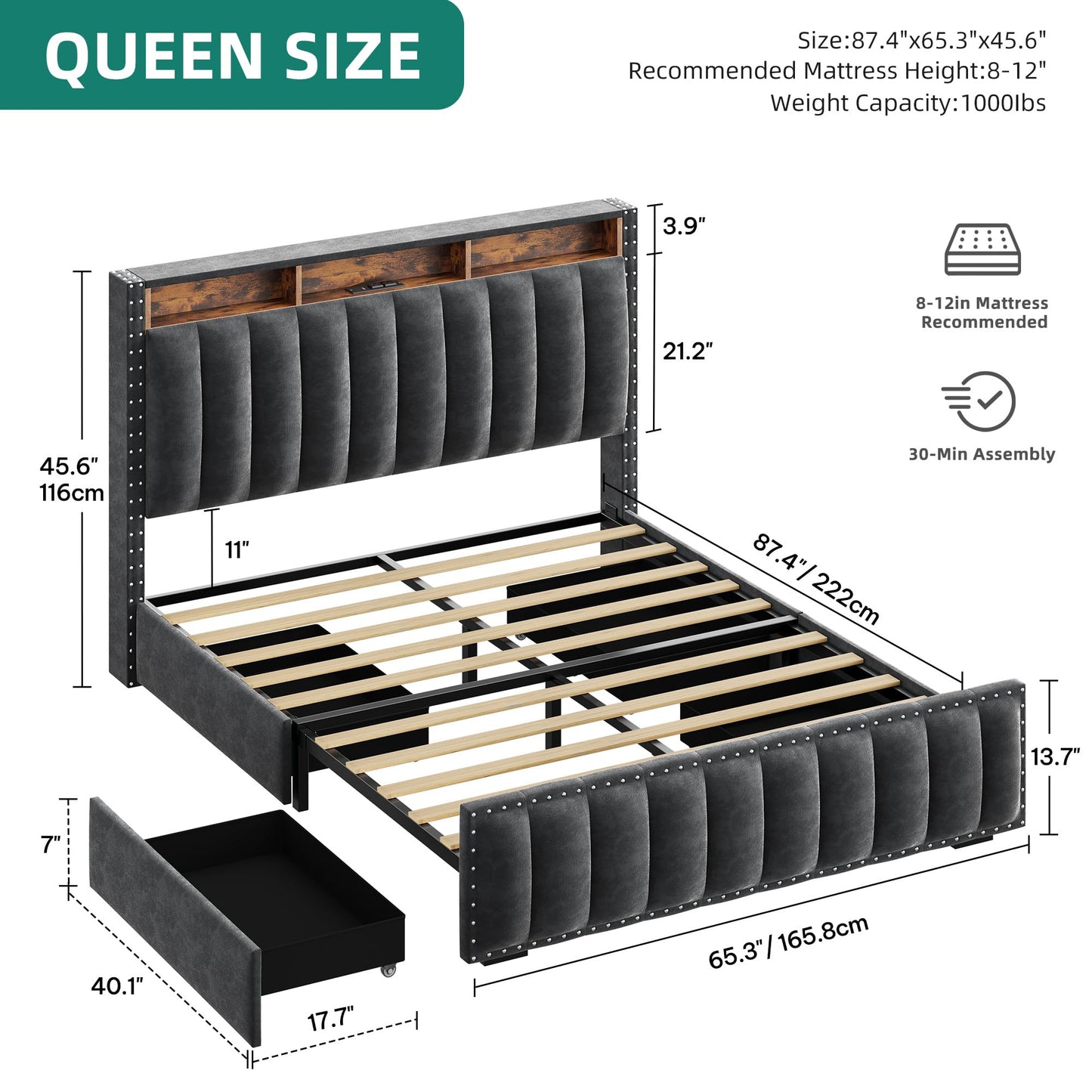 DWVO Queen Size Bed Frame with 4 Storage Drawers and RGB LED Lights, Velvet Upholstered Platform Bed with Charging Station and Bookcase Storage Headboard, No Box Spring Needed, Easy Assembly, Grey