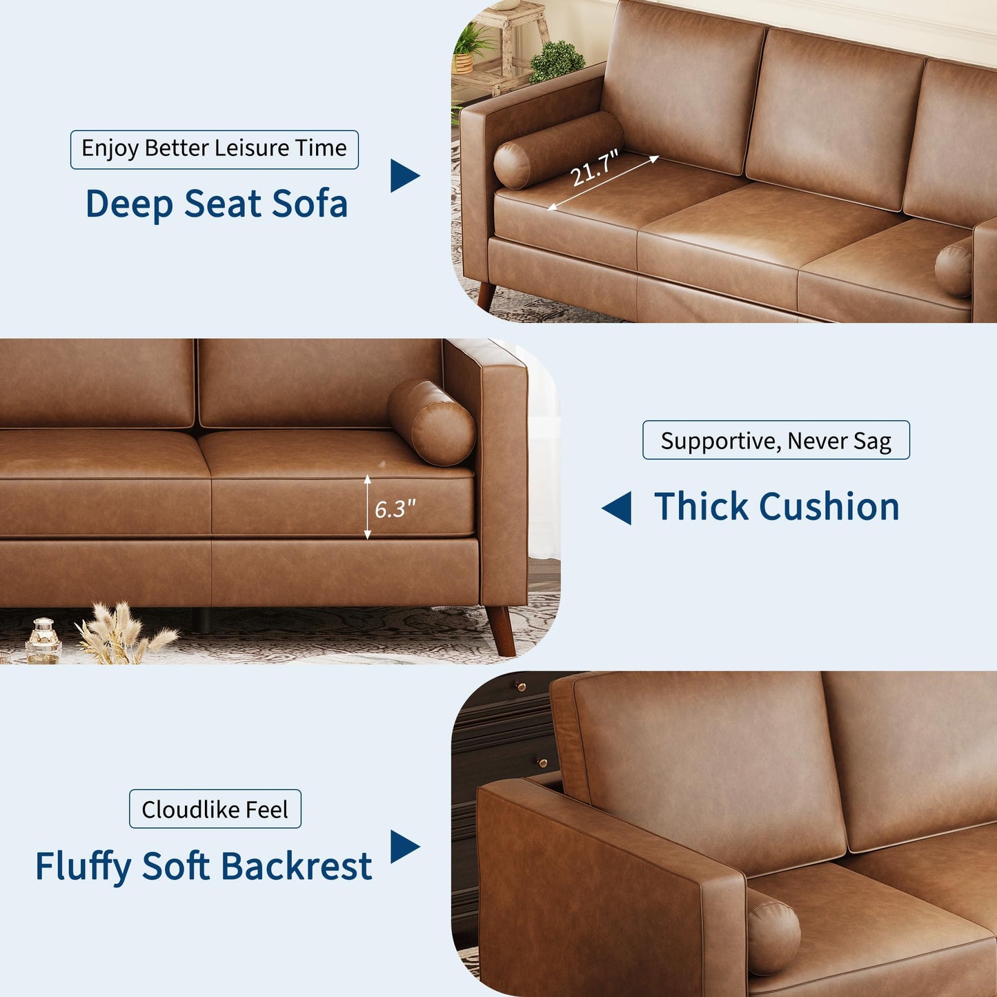 IDEALHOUSE Leather Couch 81 inch, Mid Century Modern Sofa 3 Seater with Deep Seat & Removable Cushions, Faux Leather Chesterfield Couch for Living Room, Office, Brown
