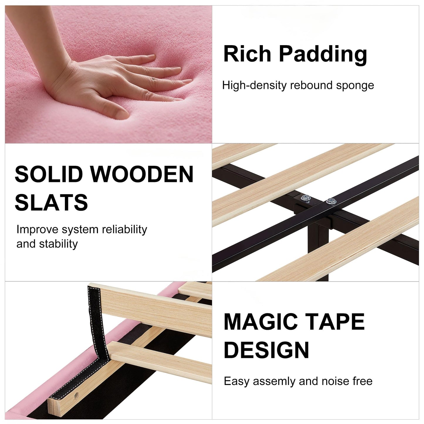VECELO Queen Size Bed Frame with Upholstered Headboard, Velvet Platform Bedframe Mattress Foundation, Sturdy Wooden Slats Support,No Box Spring Needed Noise Free/Easy Assembly,Pink