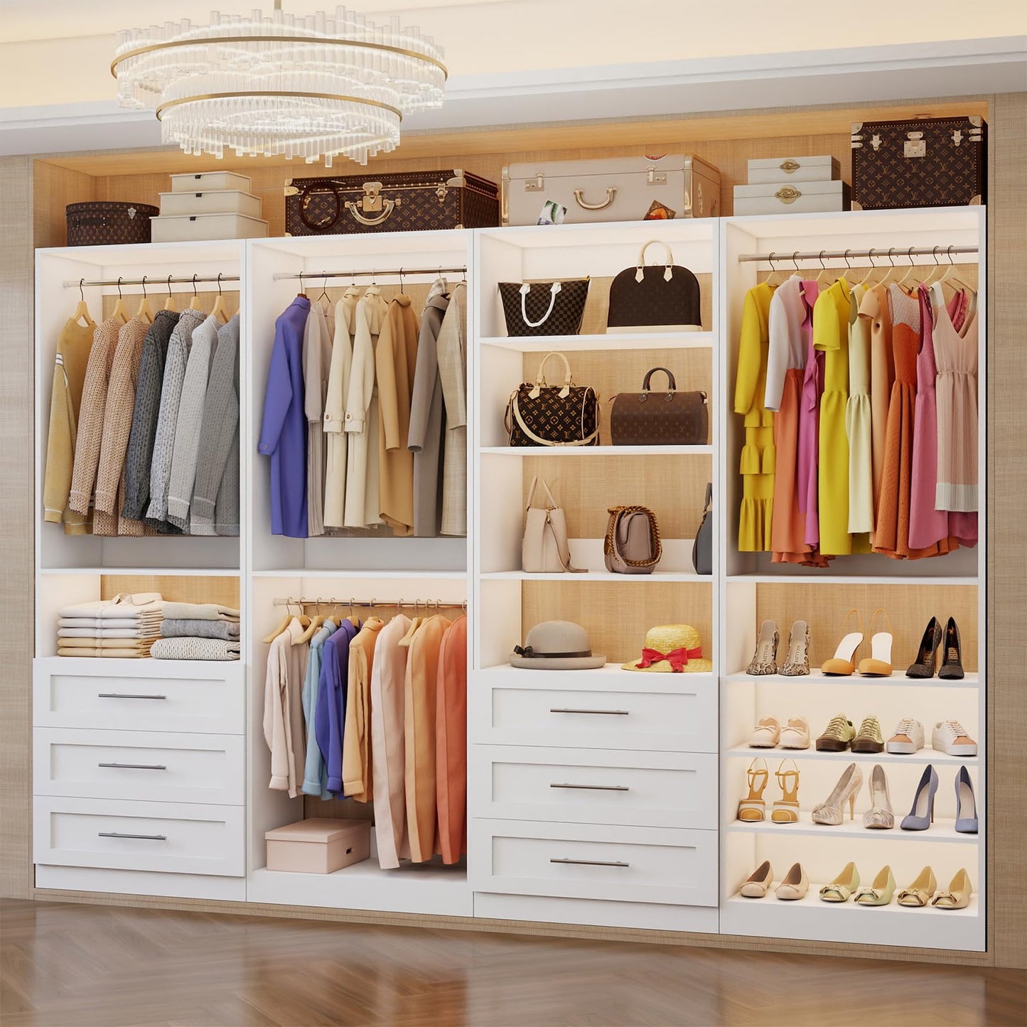 Closet System with 4 Sets, 8–21 FT Closet System with 6 Drawers, 9 Shelves & 8 Hanging Rods, Heavy Duty Closet Organizer System for Walk in Closets, Modular Custom Wood Closet Kit, White