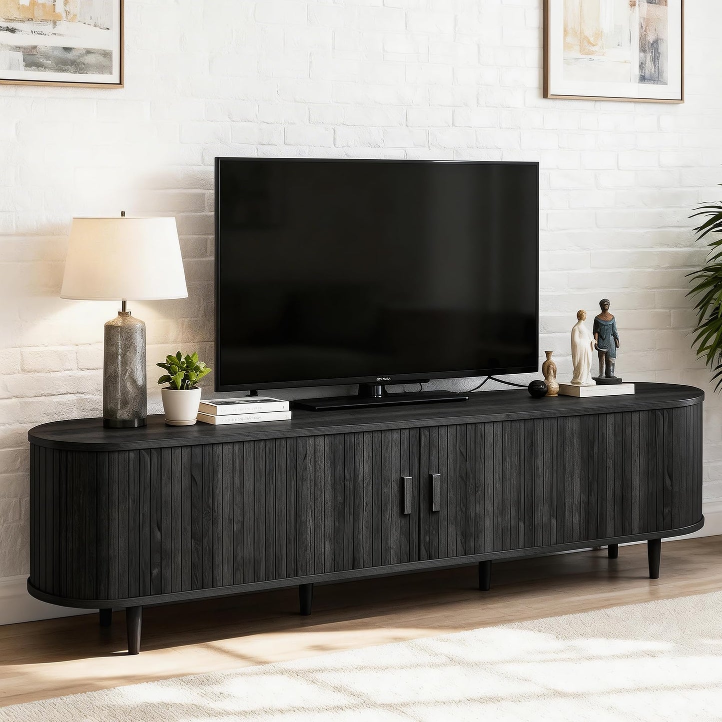 OneBlis 70" Mid Century Modern TV Stand, Wood TV Consoles with Sliding Doors and Power Outlet, Fluted Entertainment Center with Adjustable Shelves, Media Console for Living Room, Black