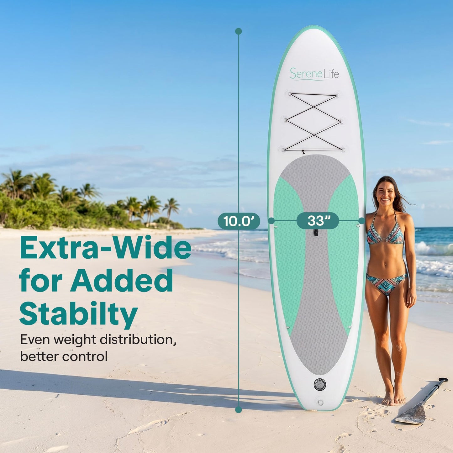 SereneLife 10’ Inflatable Stand Up Paddle Board with Premium SUP Accessories - 32” Wide Stable Design with Non-Slip EVA Deck Pad, for Youth and Adults, 350 lbs. Capacity