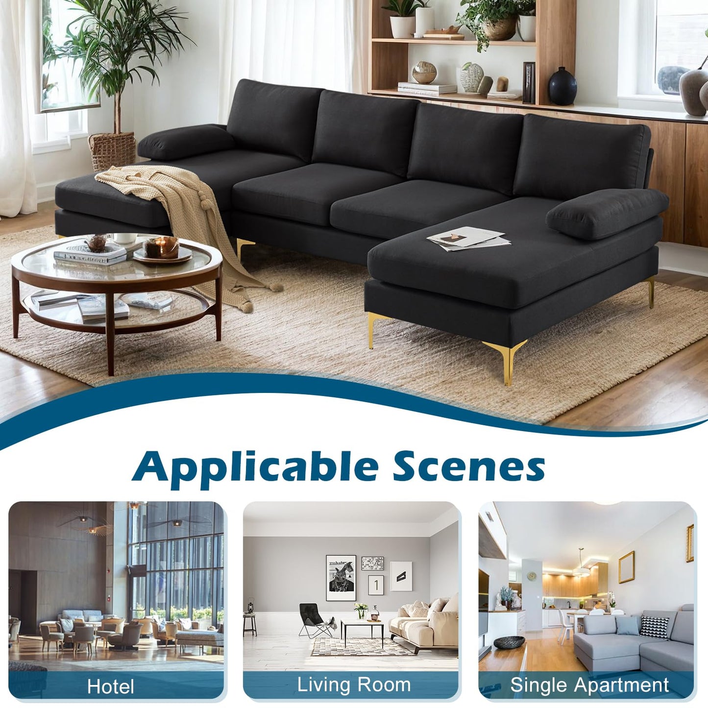 VINGLI 110" Modern Sectional Couch with 51" D Double Chaise, Black Deep Seat U Shaped Couch with Removable Pillows & Metal Legs, Comfy 4-Seat Sofas for Living Room, Linen Fabric