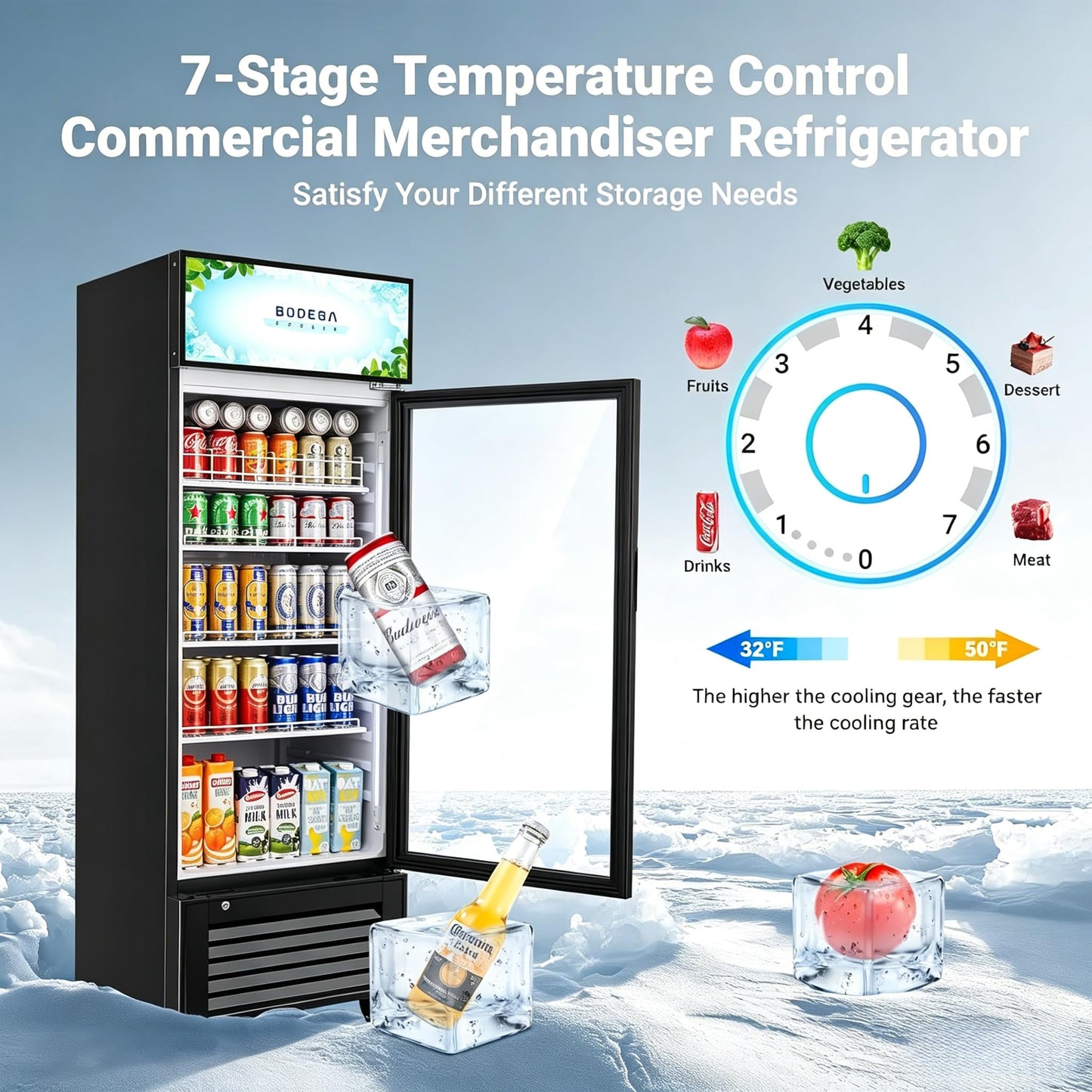 BODEGACOOLER Commercial Beverage Refrigerator and Cooler, 10.0 Cu.Ft Commercial Merchandiser Refrigerator with Soft LED Light, Commercial Fridge, Display Refrigerator with 240 cans & 120 bottles.