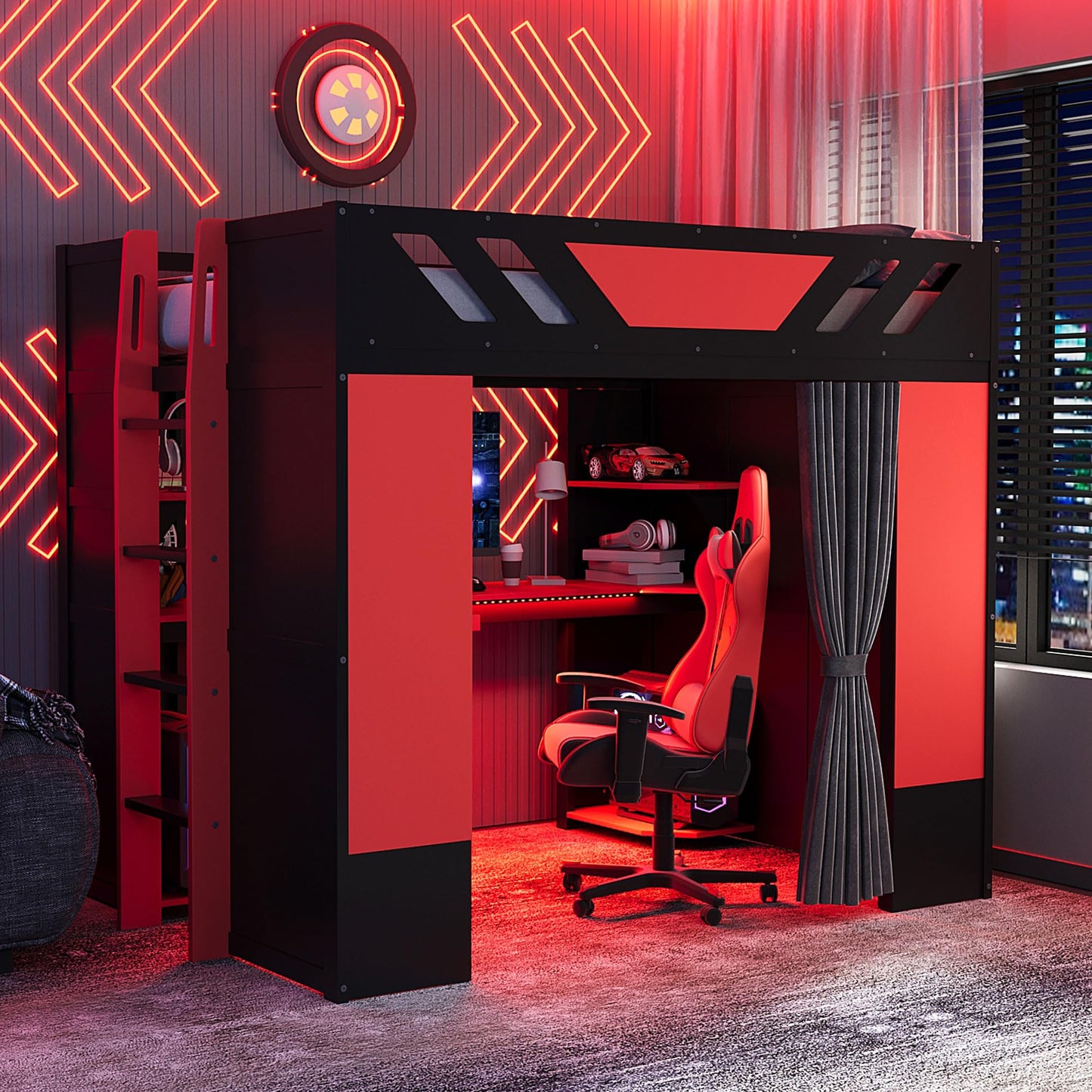 Merax Full Size Loft Bed with Desk and Storage Shelves, Gaming Loft Bed Frame with USB Charging Station and Curtains, Space Saving Loft Bed for Teens Bedroom, Black + Red