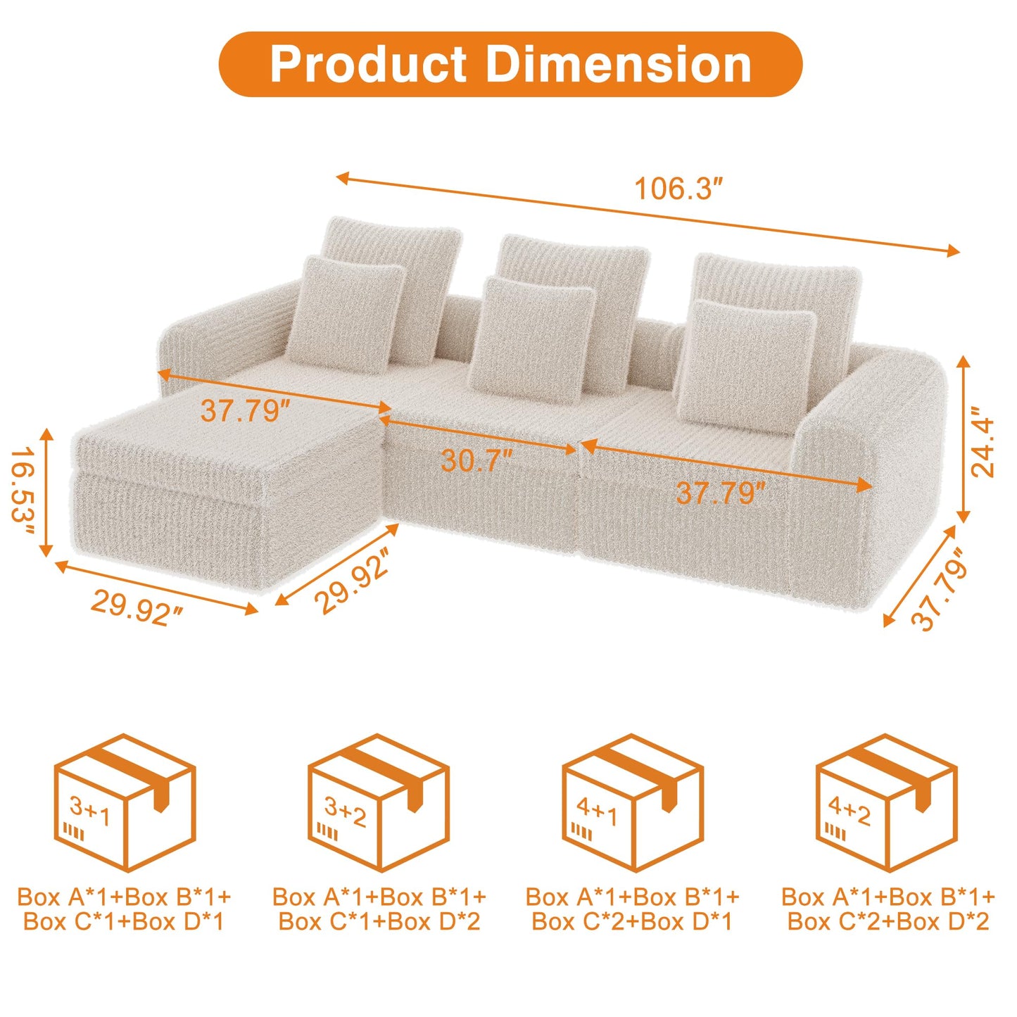 Feonase Modular Sectional Sofa, Cloud Sectional Couch with Deep Seat, 106.3'Modern Modular L Shape Sofa Couch with Chaise, Upholstered Boneless Couches for Living Room Bedroom, Beige