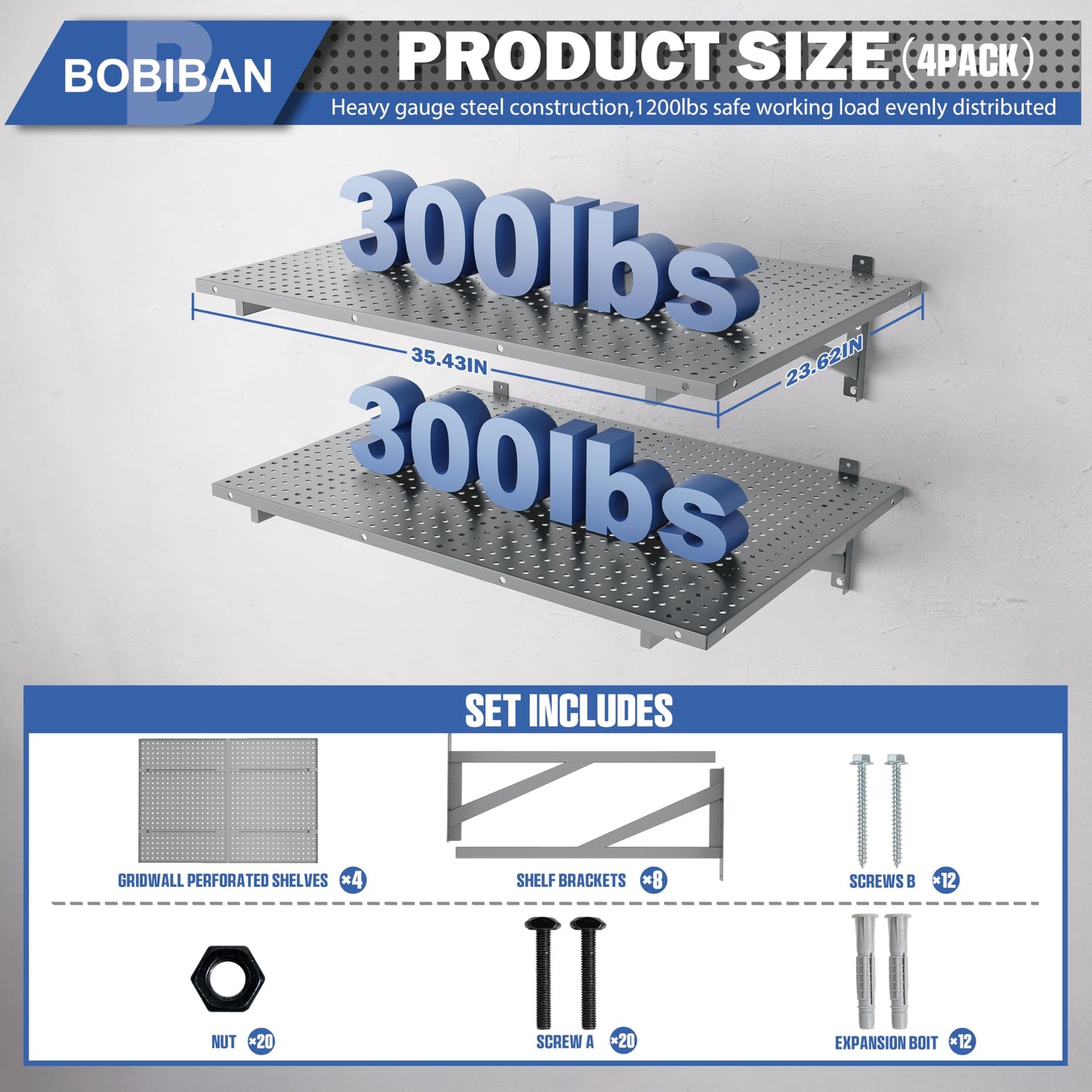 BOBIBAN 4 Pack Garage Wall Shelving Heavy Duty 2x3ft, Gray