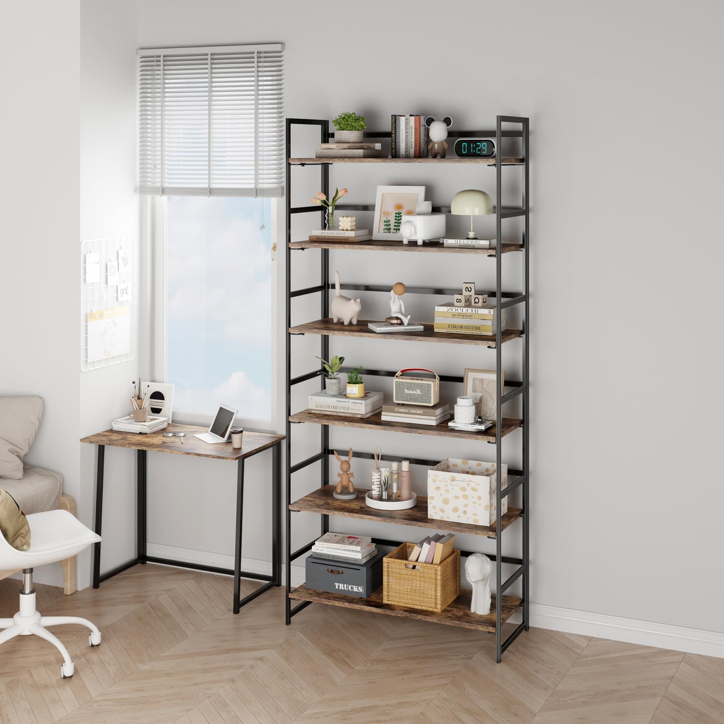 BHG Vintage Multifunctional Folding Bookshelf, No-Assembly Plant Stand Storage Rack Shelves for Home Office