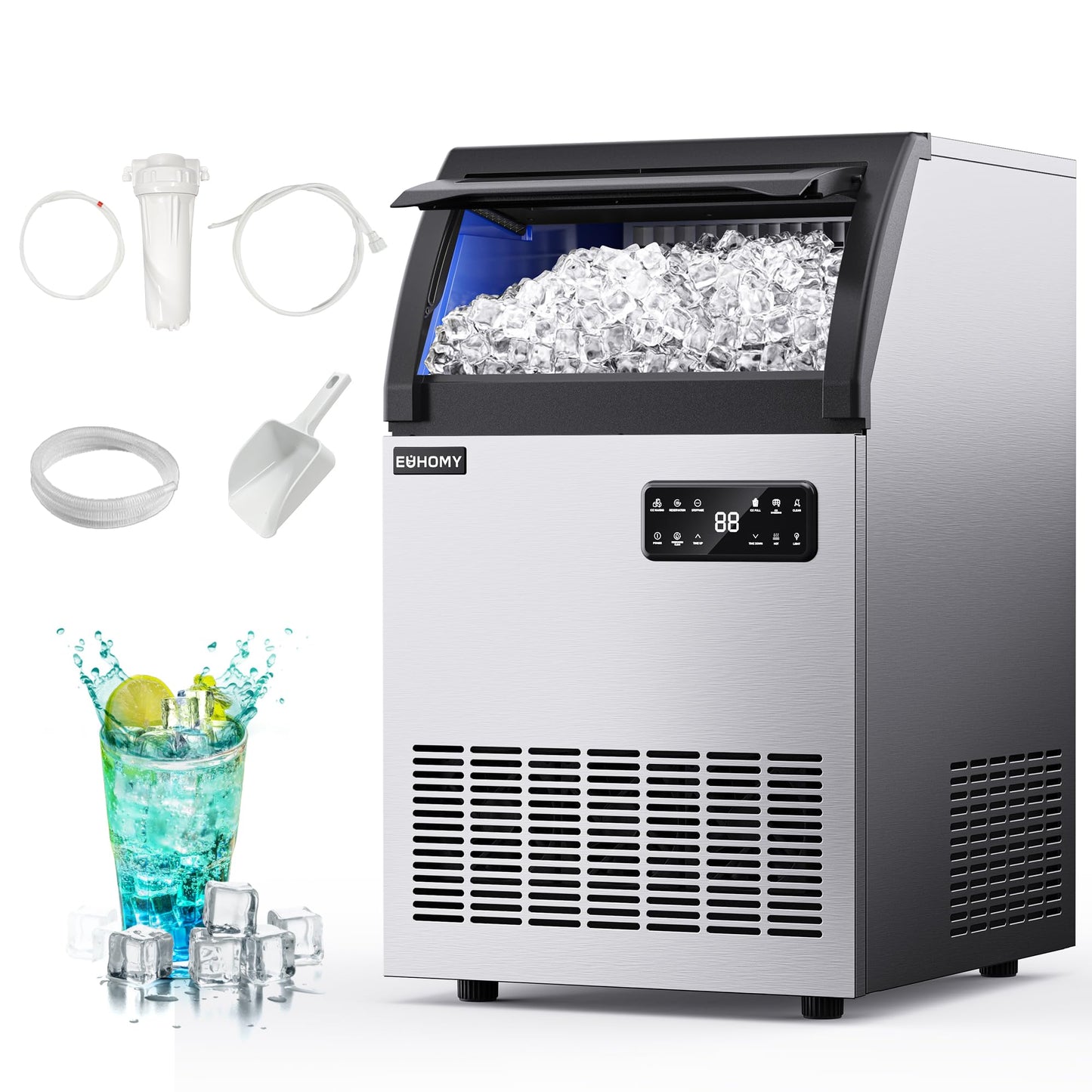 EUHOMY Commercial Ice Maker,250lbs/24H,Stainless Steel Under Counter Ice Machine with Water Filter,33lbs Storage Capacity, 84 Cubes in 8-12 Mins, Freestanding Ice Machine for Home/Bar/Cafe/Restaurant