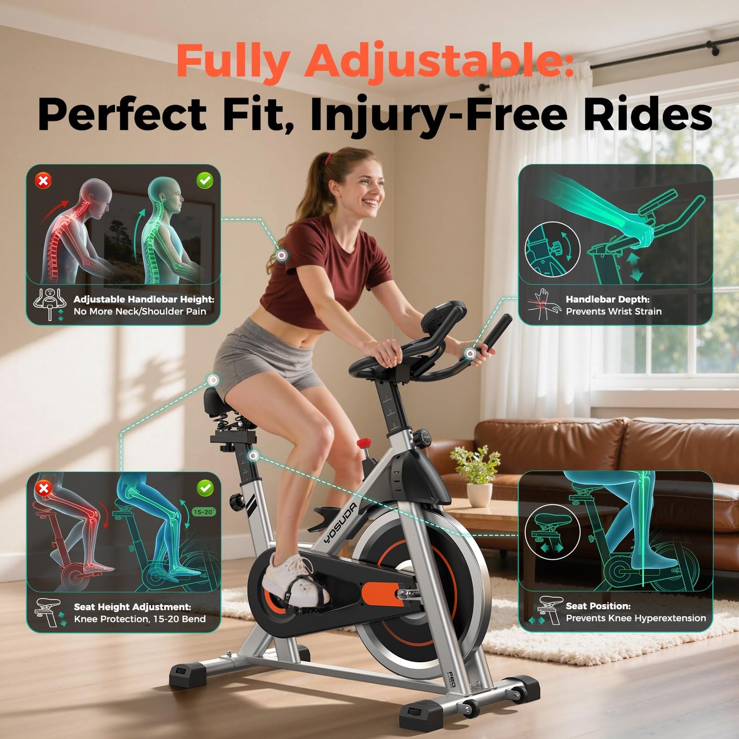 YOSUDA Exercise Bike, Brake Pad Stationary Bike for Home with Exclusive App, Magnetic Indoor Cycling Bike with 300 lb Weight Capacity, Low Noise, Tablet Holder and Fitness Courses for Weight Loss, Friction-Black