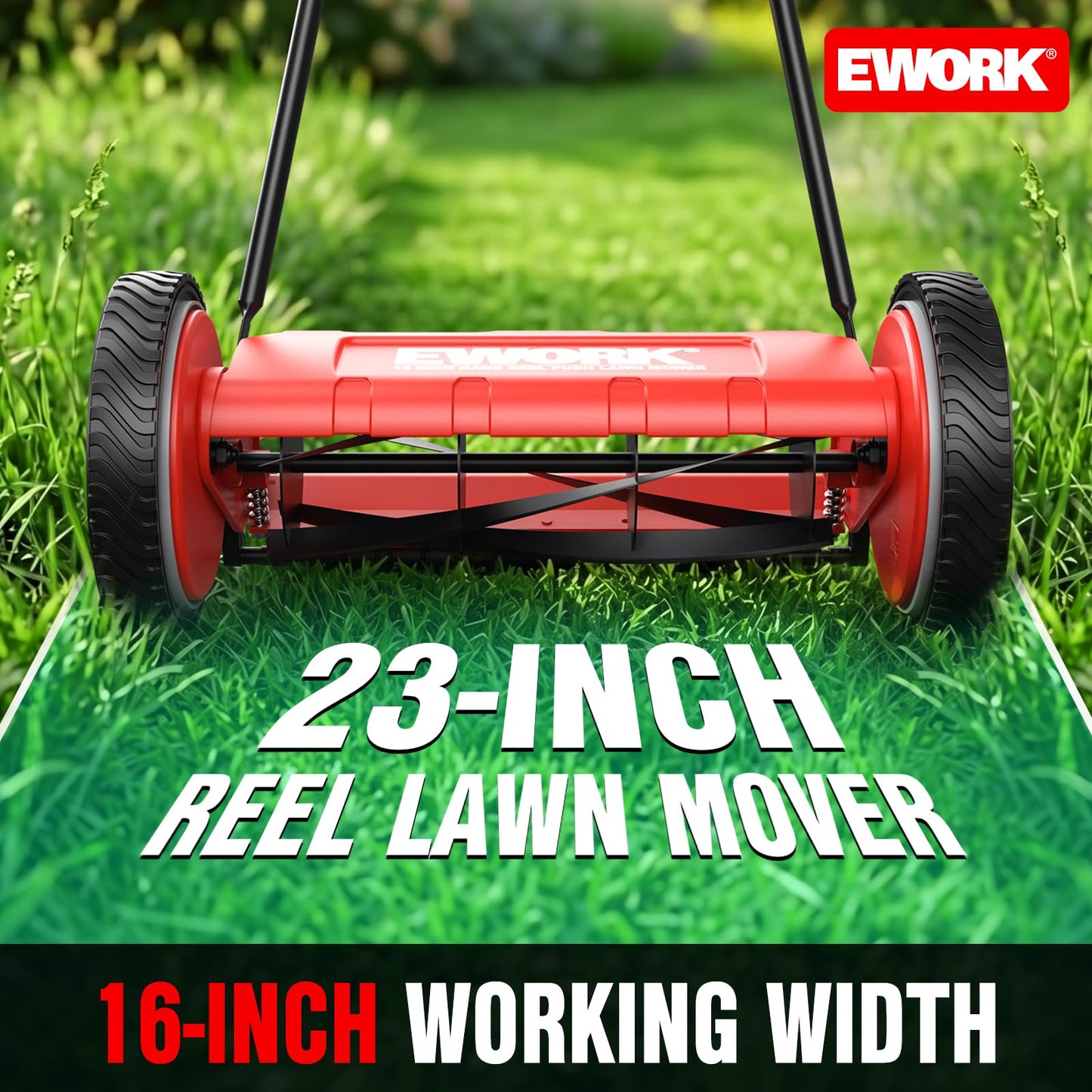 EWORK Push Reel Lawn Mower, 23-Inch Manual Lawn Mower with 4 Adjustable Cutting Heights, 5-Blade Cutting System, Sponge-Wrapped Handle, Tool-Free Assembly, Reel Mowers for Garden, Small Yard