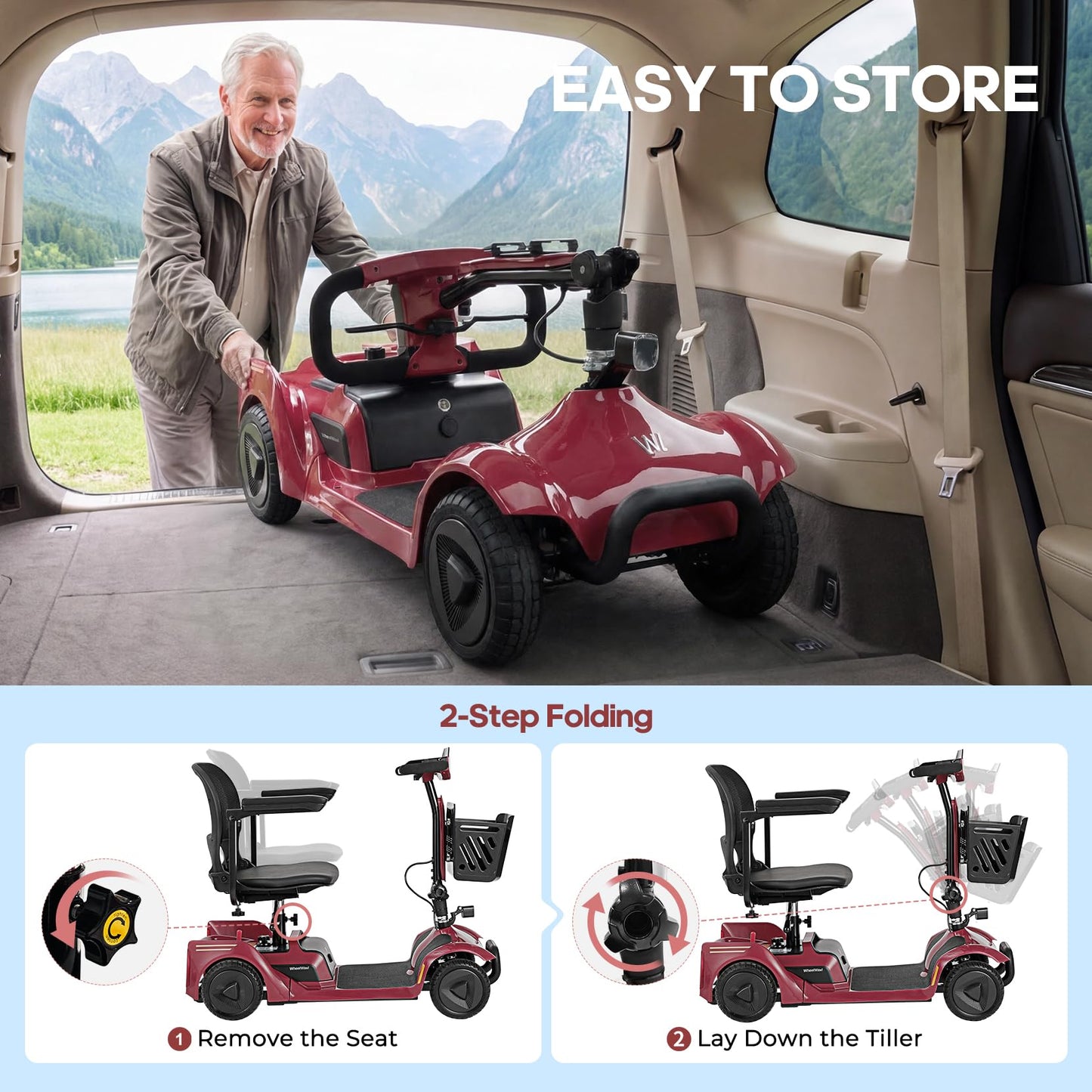 2026 New 4-Wheel Foldable Electric Mobility Scooter, Heavy Duty Portable Travel Scooter with NFC Keyless Unlock, 15 Miles Long Range, Removable Battery, Digital Display, 300 Lbs Weight Capacity, Red