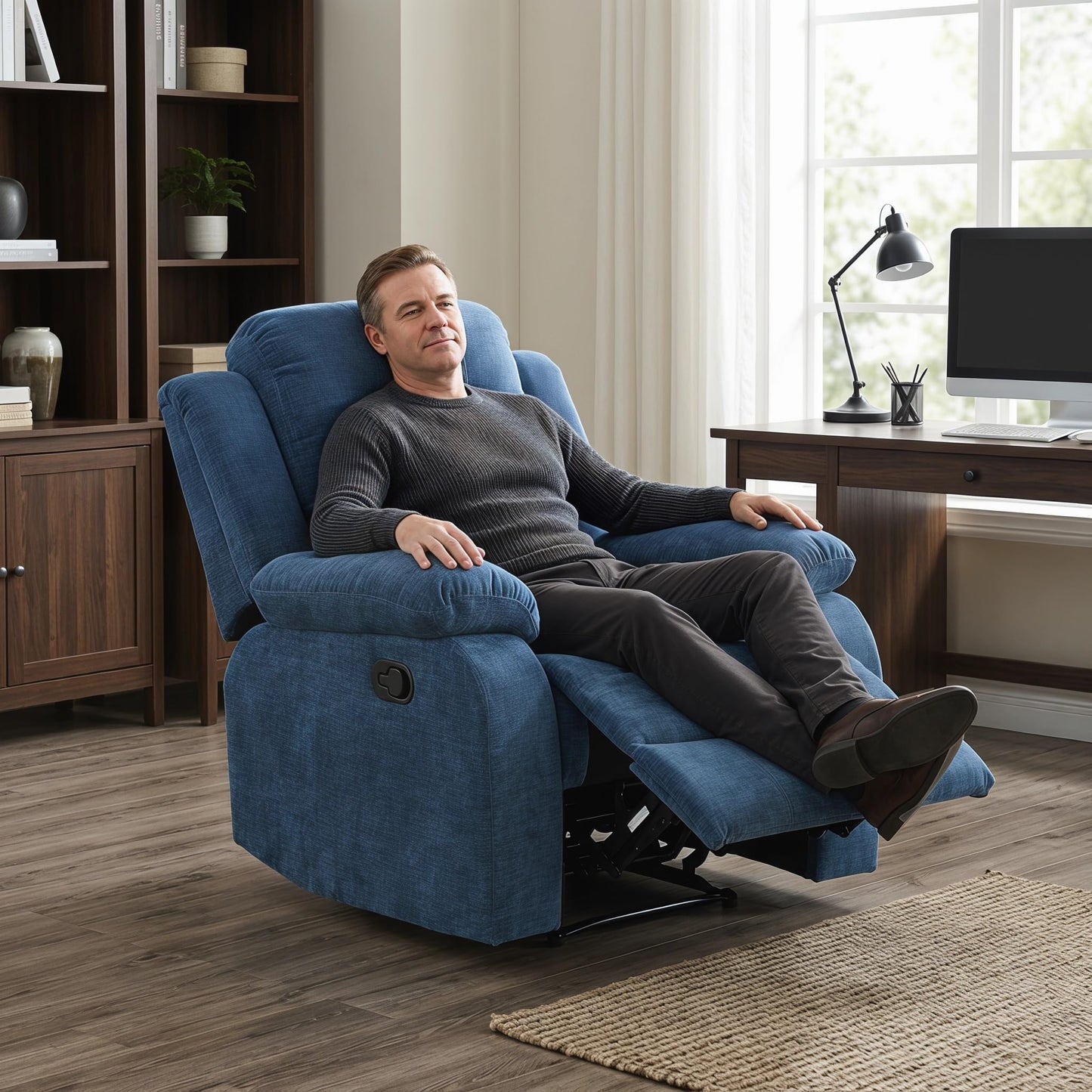 Trygoal Manual Recliner Chair, Nursery Rocking Chair, Fluffy Recliner Chair for Adults, Lazy Boy, Gaming Recliner wih Overstuffed Arms, Suitable for Home Theater, Living Room, Bedroom, Light Blue