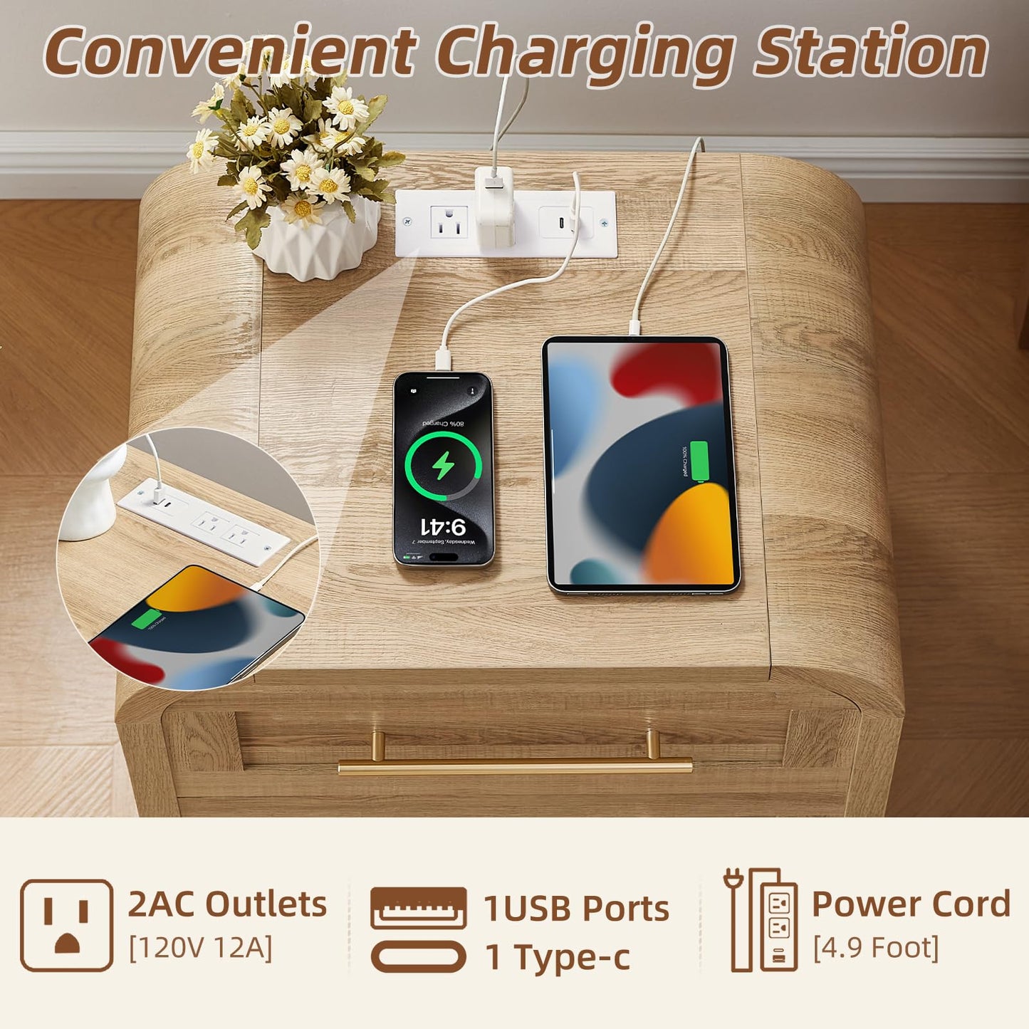 JINVICJIASI Night Stand Set 2 with Charging Station, Curved Modern Nightstand with 2 Drawers & Metal Handle,22" Mid Century Side End Tables, Thick Desktop Bedside Table Storage Cabinet for Bedroom
