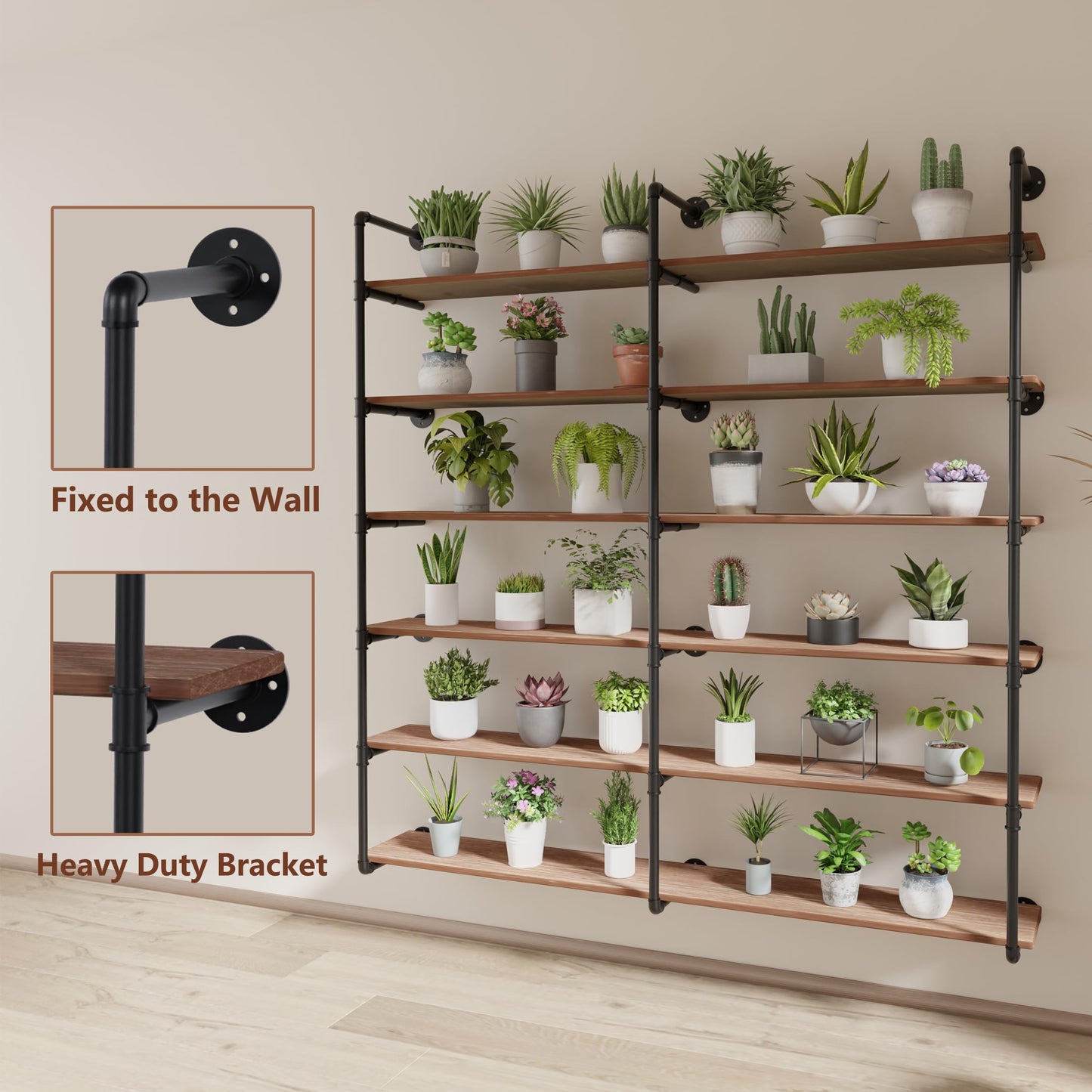 ONOTETUT 6 Tier Industrial Pipe Shelves with Wood Planks, 72 inch Iron Pipe Shelving, Retro Wall Mounted Bookshelf, Floating Bar Shelves for Kitchen,Living Room