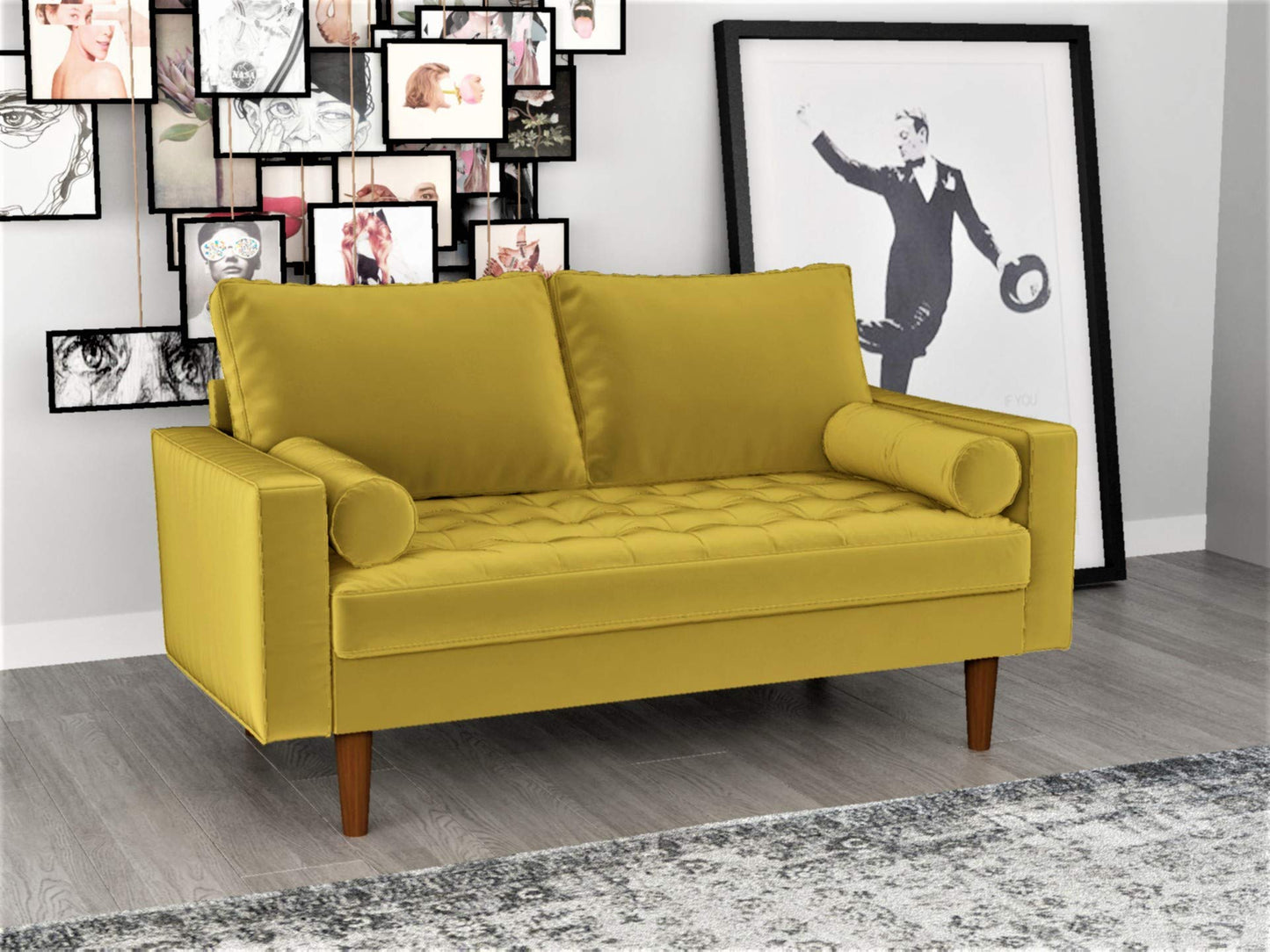 Container Furniture Direct Womble 58 Inch Velvet Loveseat Sofa with Elegant Button Tufted Upholstery, Square Arms, Splayed Wood Legs, Includes Matching Bolster Pillows, Textured Gold