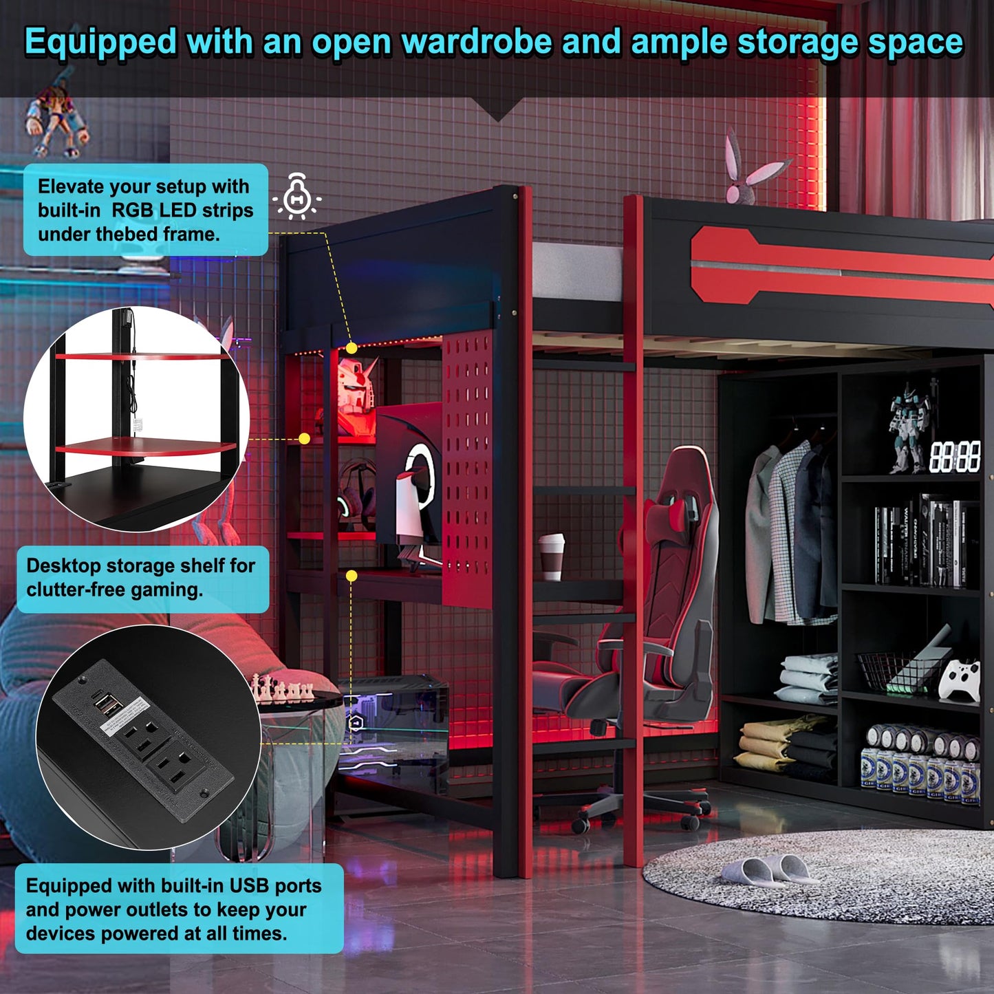 Ball & Cast Gaming Full Size Loft Bed with Desk and Charging Station,Wood Gamer Loft Beds Frame W/Open Wardrobe&RGB Light,High Loft Bed W/Full-Length Guardrail,Bedroom Furniture for Student Dorms,Red