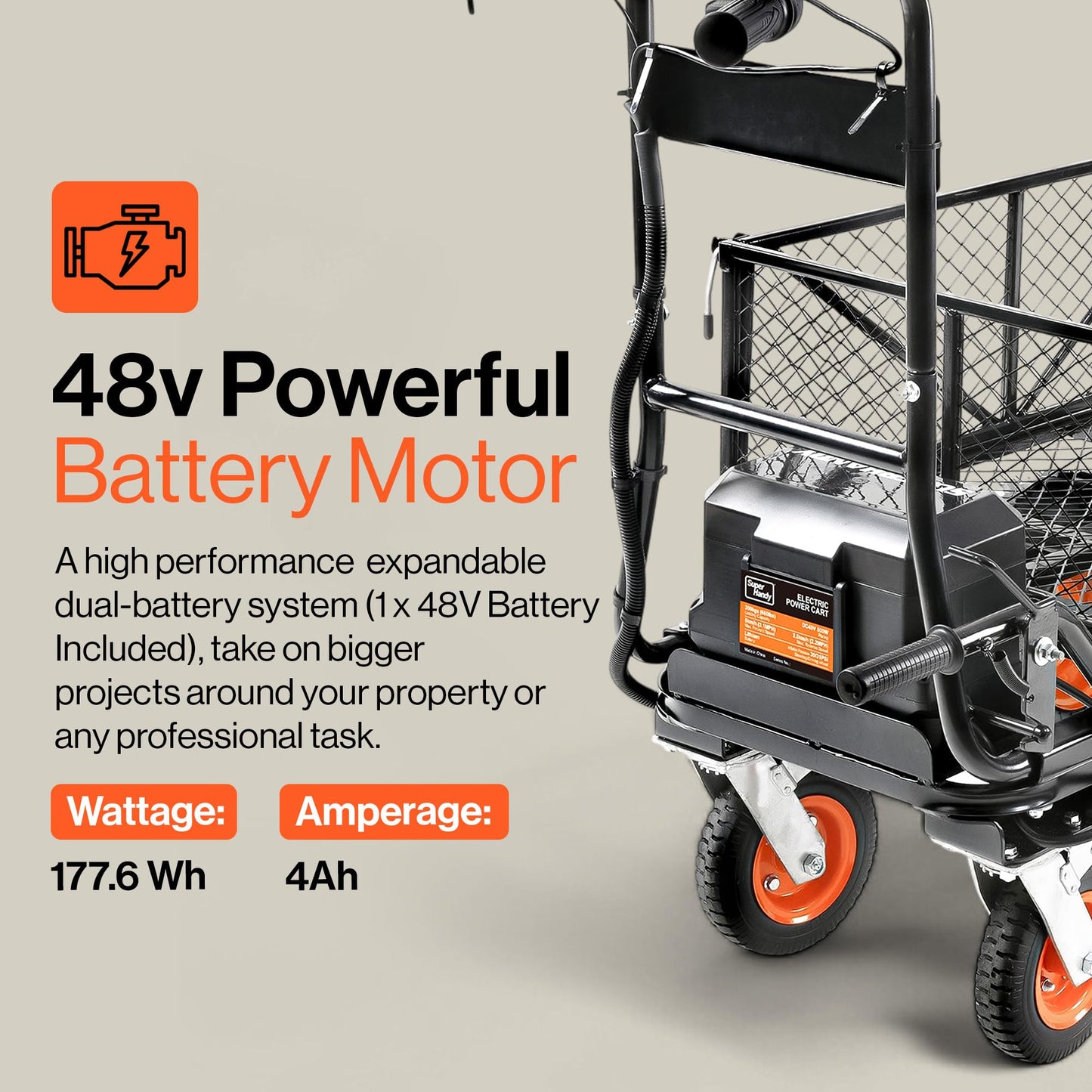 SuperHandy Utility Service Cart Power Wagon Wheelbarrow Electric 48V DC Li-Ion Powered 660Lbs Load and 1000Lbs+ Hauling Capacity Farm and Garden All Purpose Modular Cargo Bed