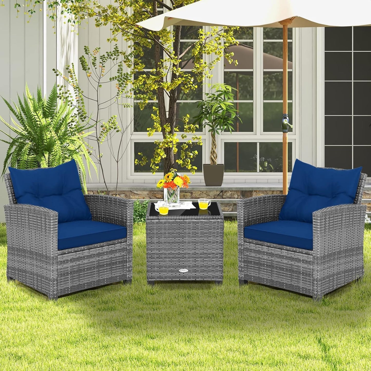 LDAILY Patio Furniture Set, 3 Pieces PE Rattan Wicker Patio Sofa Chairs with Washable Cushion & Glass Table, Outdoor Furniture Conversation Sets for Porch, Balcony, Garden, Poolside (Navy)