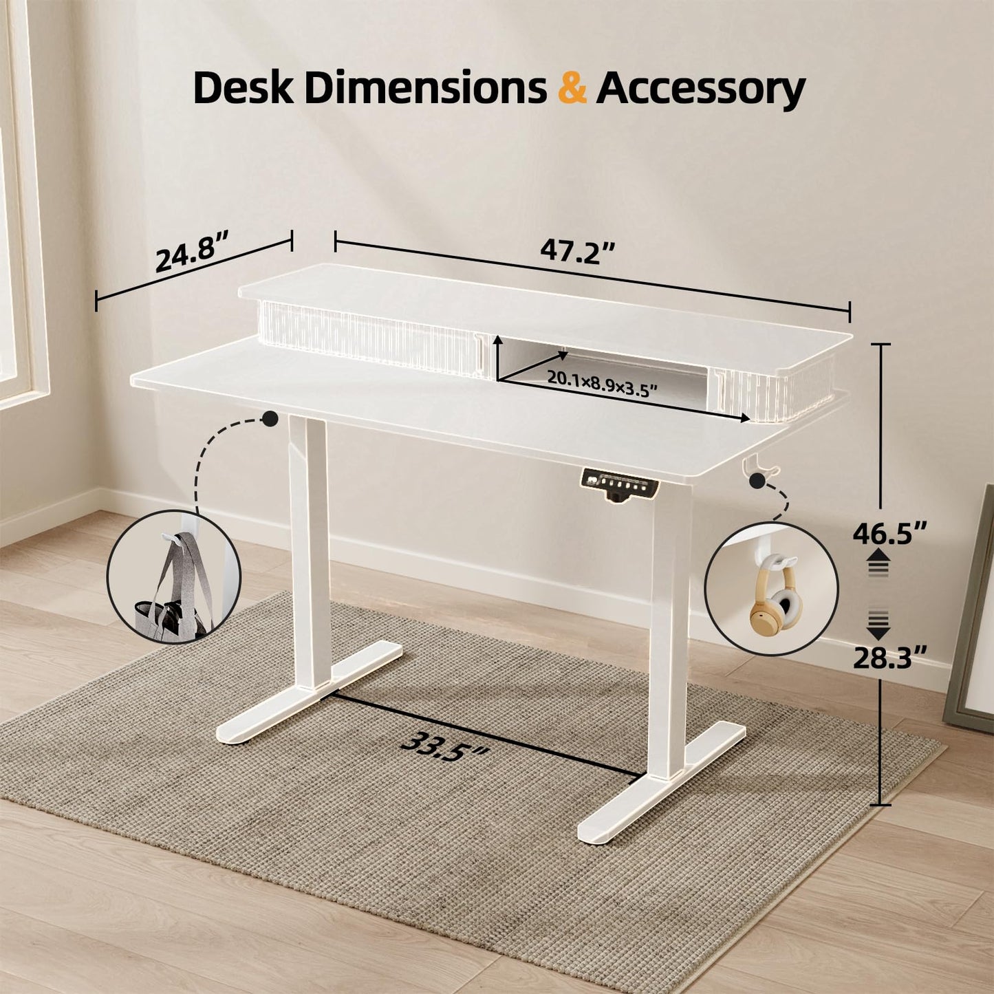 JOY worker Height Adjustable Electric Standing Desk with Storage Shelves, 48 Inch Table with Built-in Monitor Stand, Sit Stand Desk with 2 Hooks for Home Office, White