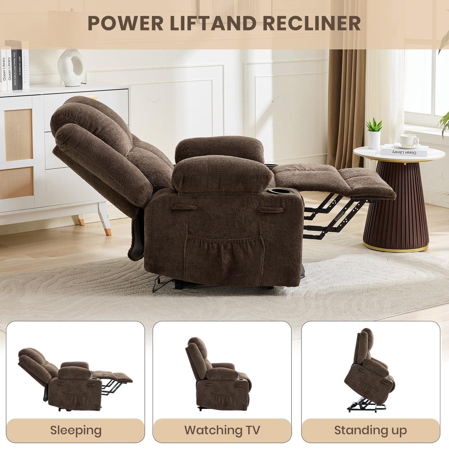 Garvee Power Lift Recliner Chair with Massage and Heat, Oversized Electric Lift Chair with Stand Assist, 155° Adjustable Lay Flat Recliner, 2 Cup Holders for Living Room