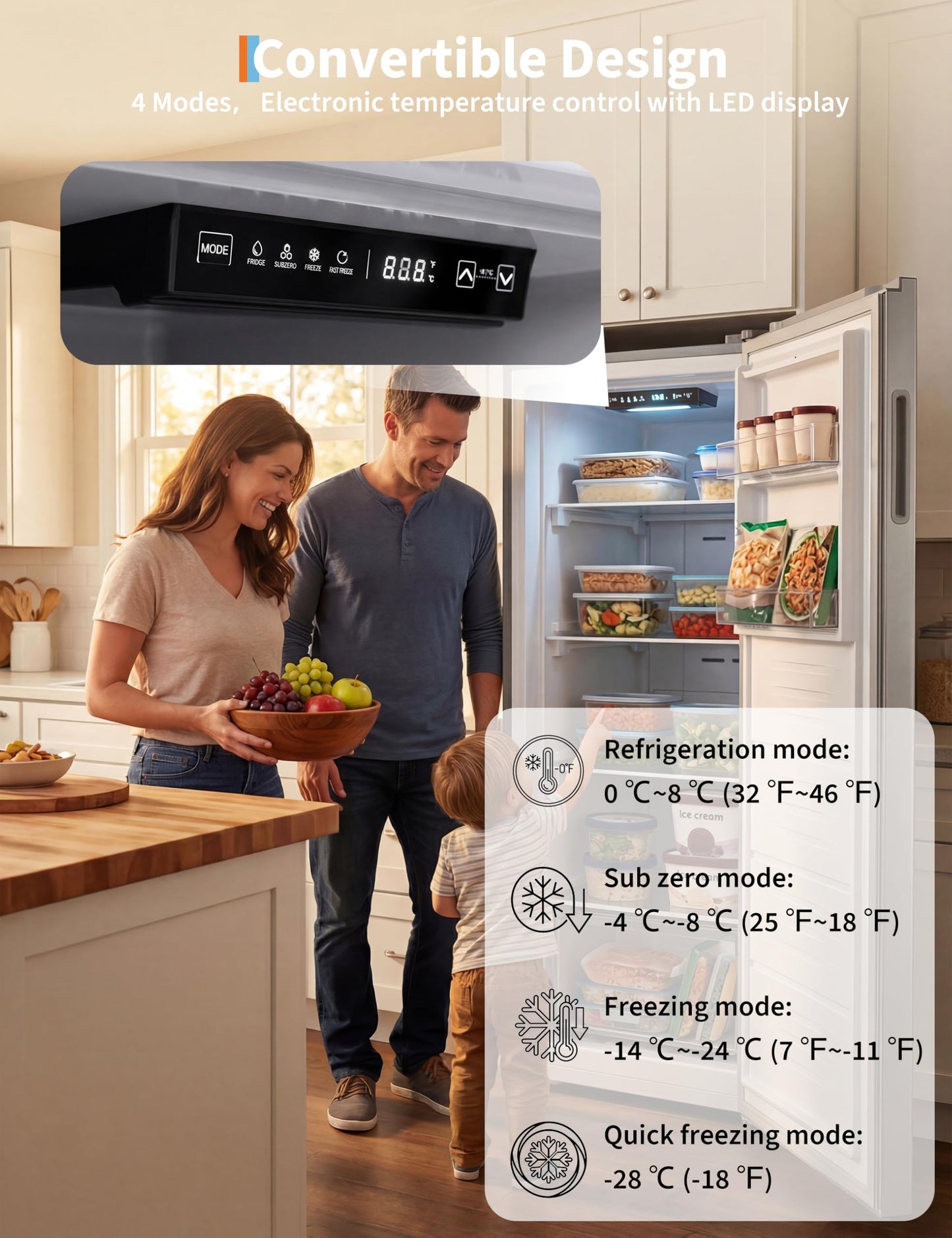 11 Cu. Ft. Upright Convertible Fridge/Freezer, Energy Saving Refrigerator with Reversible Door, Auto Defrost, Removable Glass Shelves & Adjustable Controls