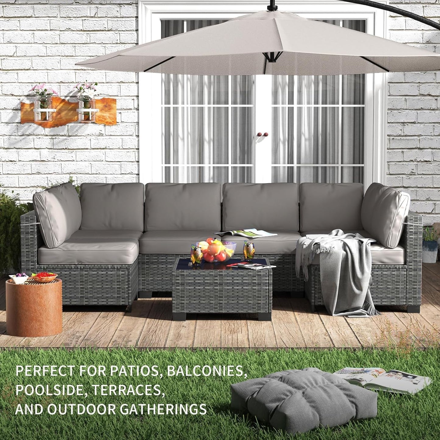 6 Piece Sectional Rattan Sofa with Glass Top Coffee Table, Patio Rattan Conversationr Sofa Set, All Weather Outdoor Patio Furniture Set and Chairs, Poolside, Garden, Porch