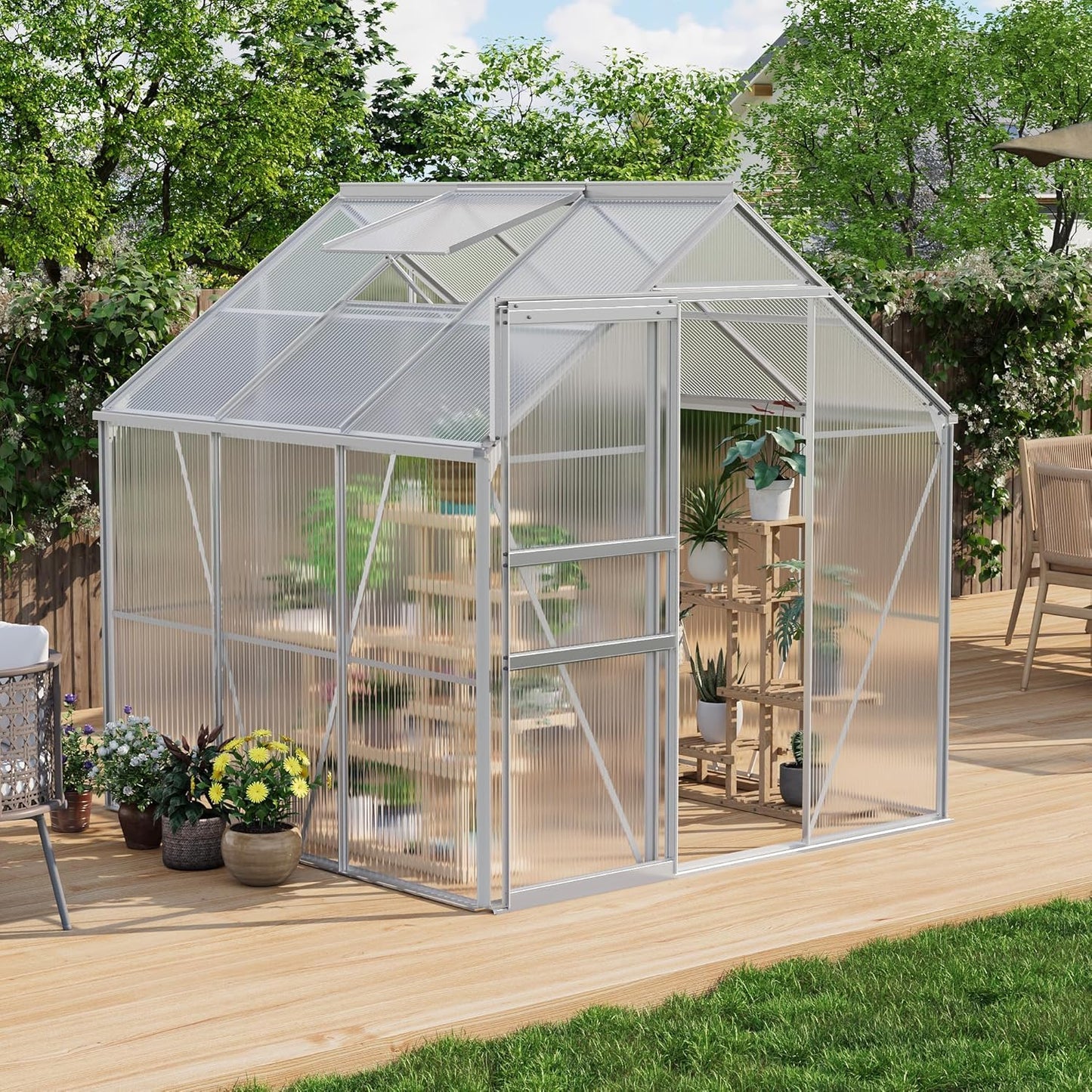 6 x 6 ft Polycarbonate Green Houses with Aluminum Frame for Outside - Heavy Duty Walk-in Greenhouse with Sliding Door and Adjustable Roof Vent for Backyard,Garden