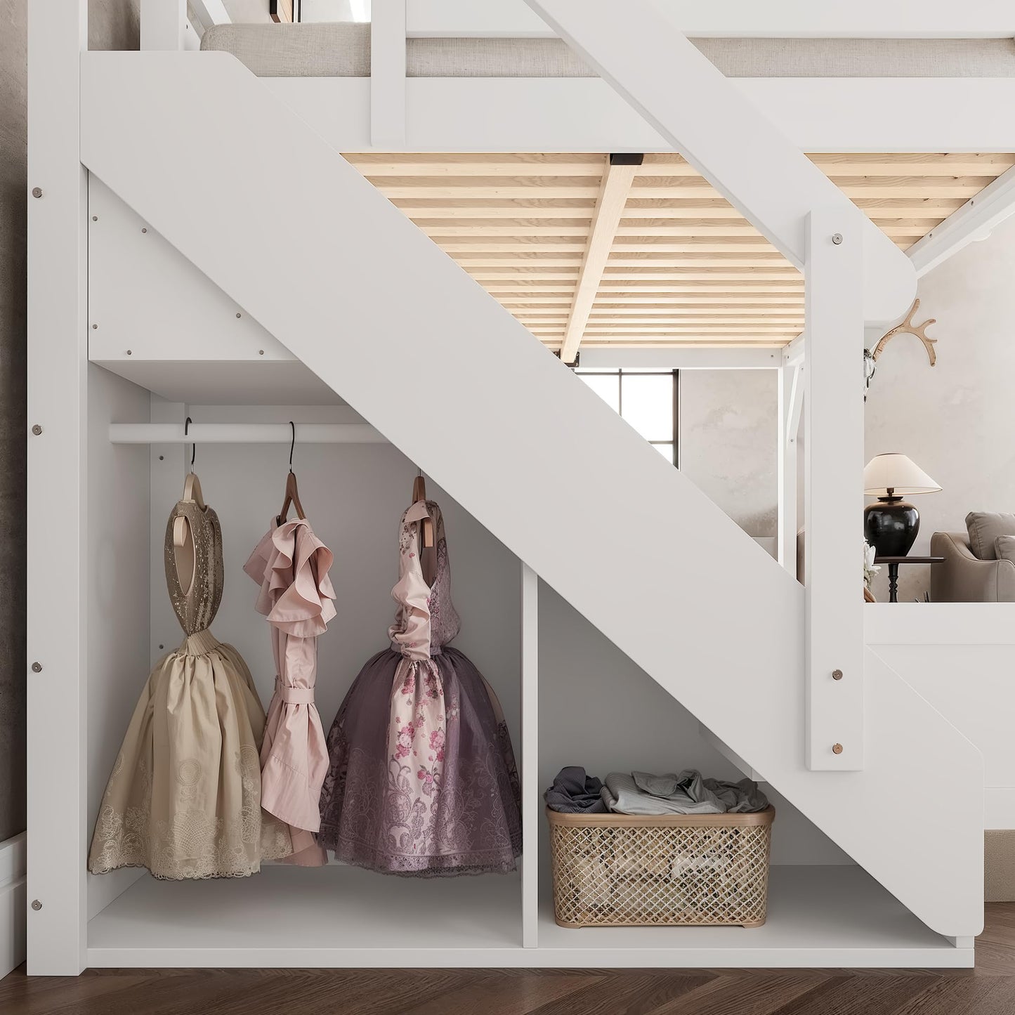 KEIKI Solid Wood Queen Size Loft Bed Frame with Stairs, Built-in Wardrobe and Storage Space, Queen Loft Bed with Shelves, Queen-Length Guardrails, No Box Spring Needed for Bedroom, Light White
