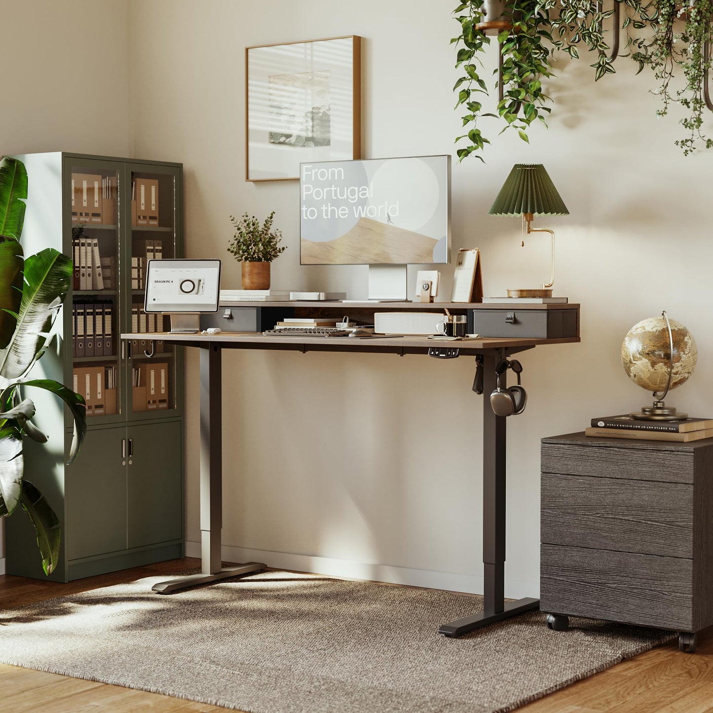 Agilestic 55 x 24 Inches Height Adjustable Electric Standing Desk with 2 Drawers, Stand Up Electric Desk Adjustable Height, Sit Stand Computer Gaming Table with Splice Board, Rustic Brown