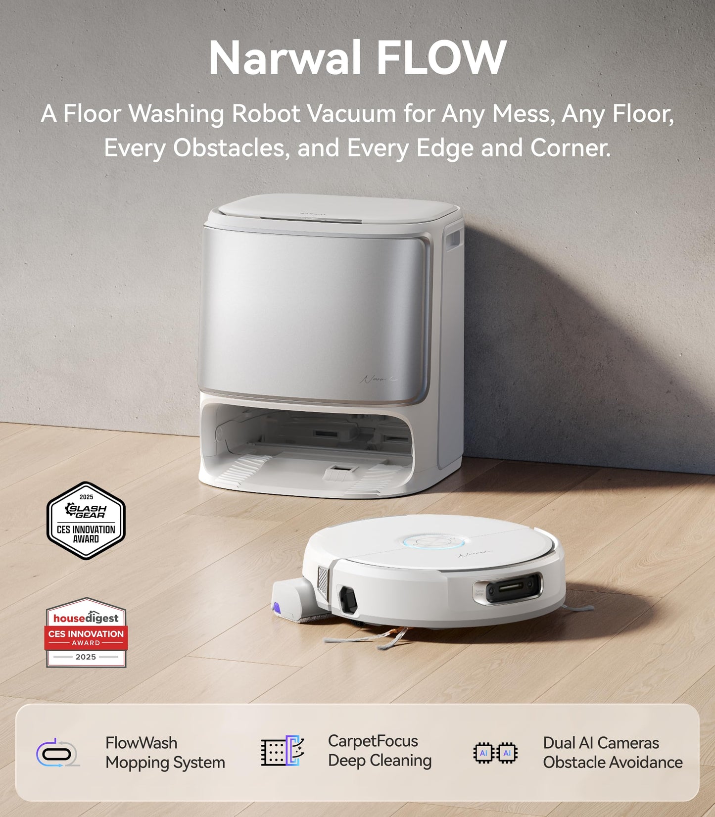 NARWAL Flow Robot Vacuum and Mop Combo, FlowWash Real-Time Self-Cleaning Track Mop, 22,000 Pa Suction, Dual-Camera AI Obstacle Avoidance, Carpet & Edge Cleaning, Self-Emptying Robot Vacuum,White