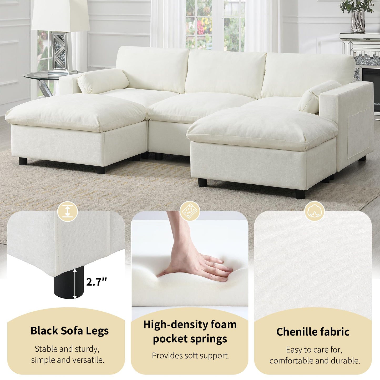 Merax 86.5" Sectional Sofa with Storage Pockets & Removable Ottomans, Cream 5 Seat U Shaped Sleeper Cloud Couch Set, Convertible L-Shaped Upholstered SofaBed for Living Room and Apartment, White