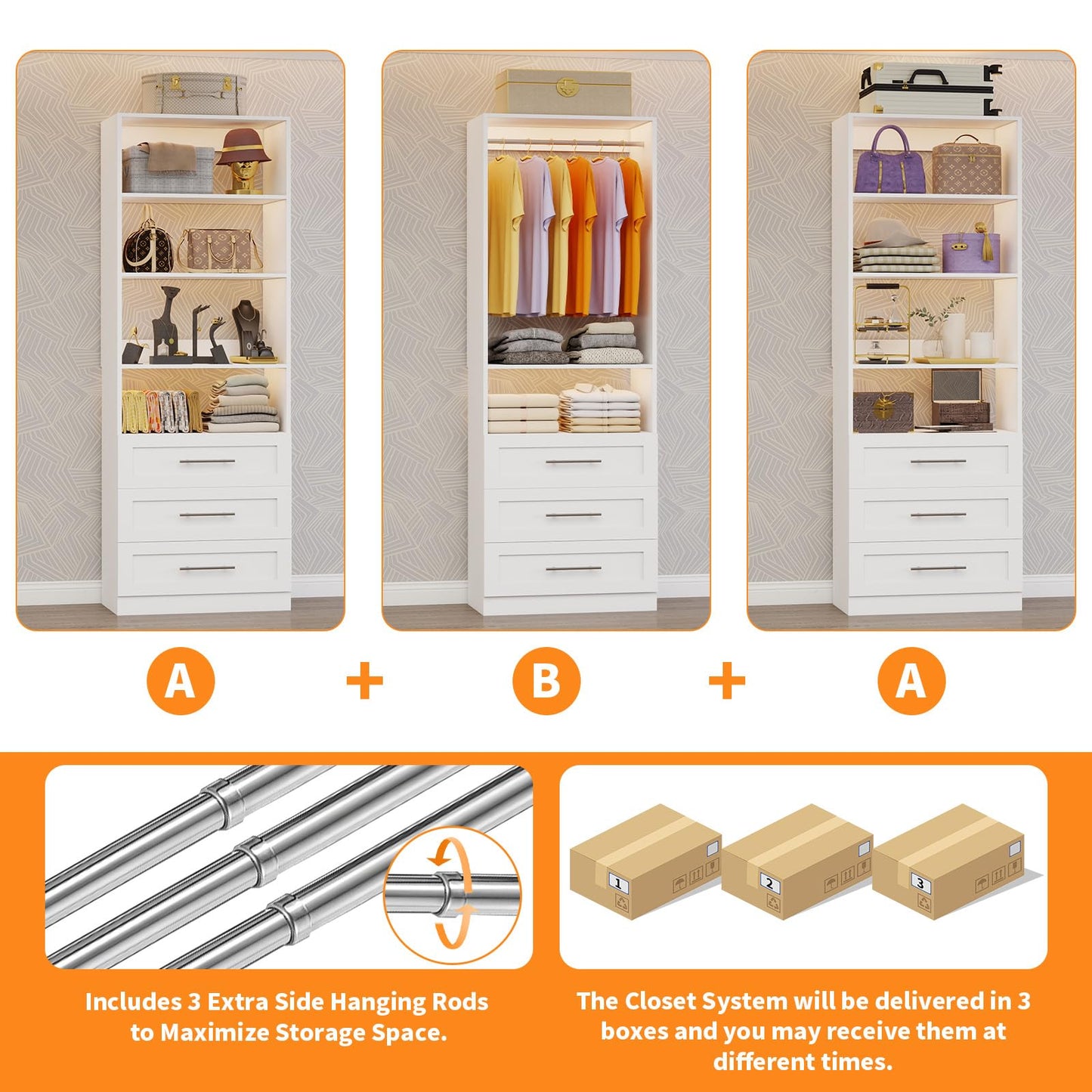 Closet System with 3 Sets, 6–15 FT Closet System with 9 Drawers, 9 Shelves & 4 Adjustable Hanging Rods, Max 189.3" Closet Organizer Systems for Walk-in Closets, Modular Custom Closet Tower, White