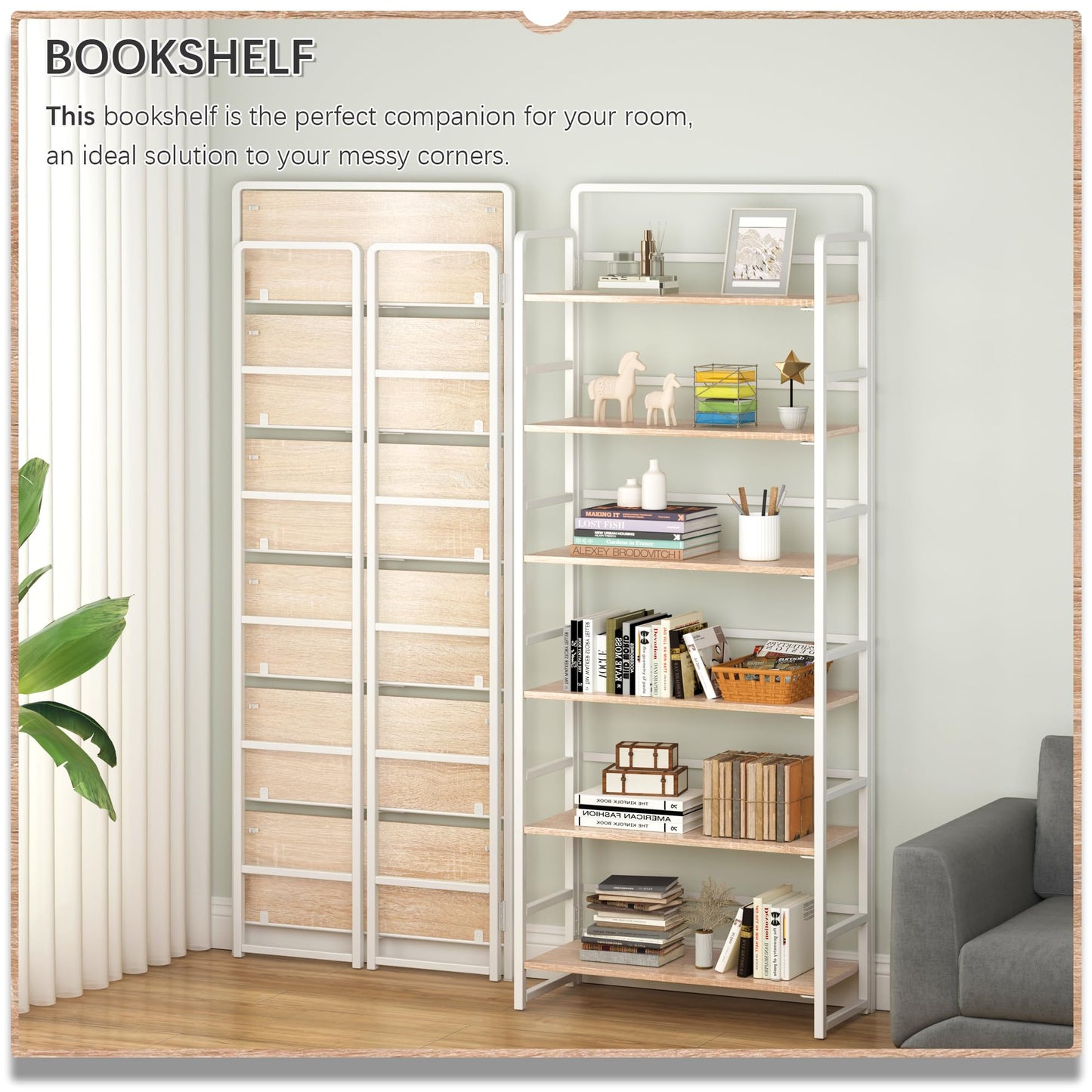 4NM No Assembly 6 Tiers Folding Bookshelf Storage Shelves Vintage Bookcase Standing Racks Study Organizer Home Office (Natural White)