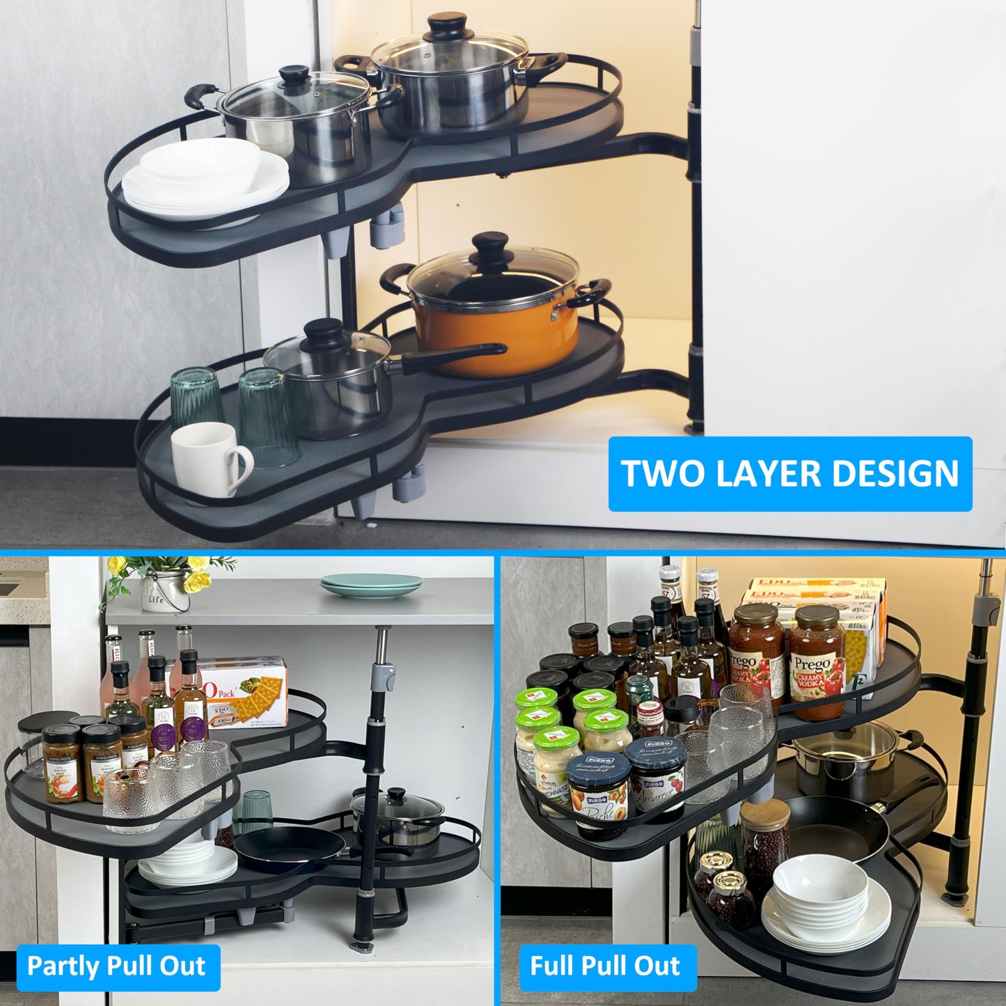 HANKEY Swing Right Blind Corner Cabinet Pull Out Organizer 2-Tier Slide Out Kitchen Organizers and Storage with Soft Close, Kitchen Cabinet Lazy Susan Organizer for Cabinet 36inch, Right Open