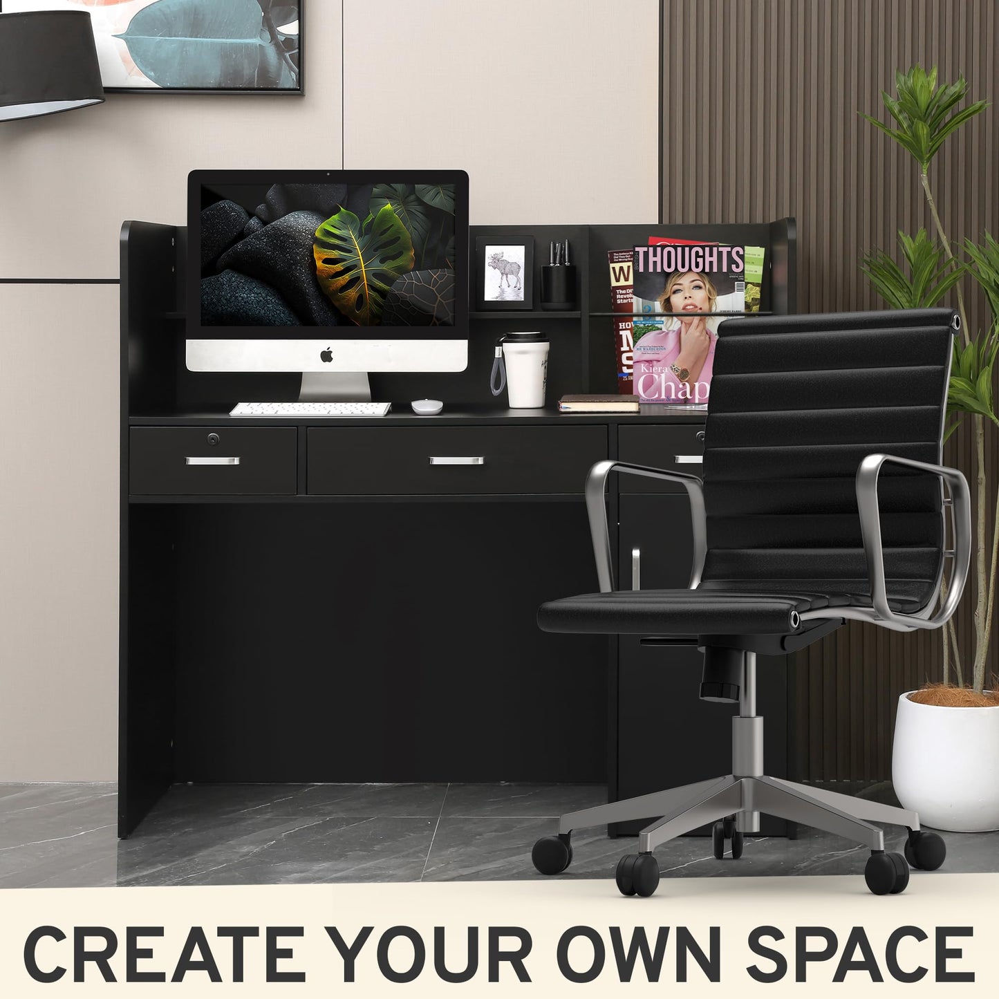 Houseables Receptionist Desk, Reception Desk with Counter, Checkout Counter, Cashier, Front Office, Small Spaces, Retail Table, Modern, Black, for Cash, Lobby, Salon, Store, Check Out/in, 47x44x19in