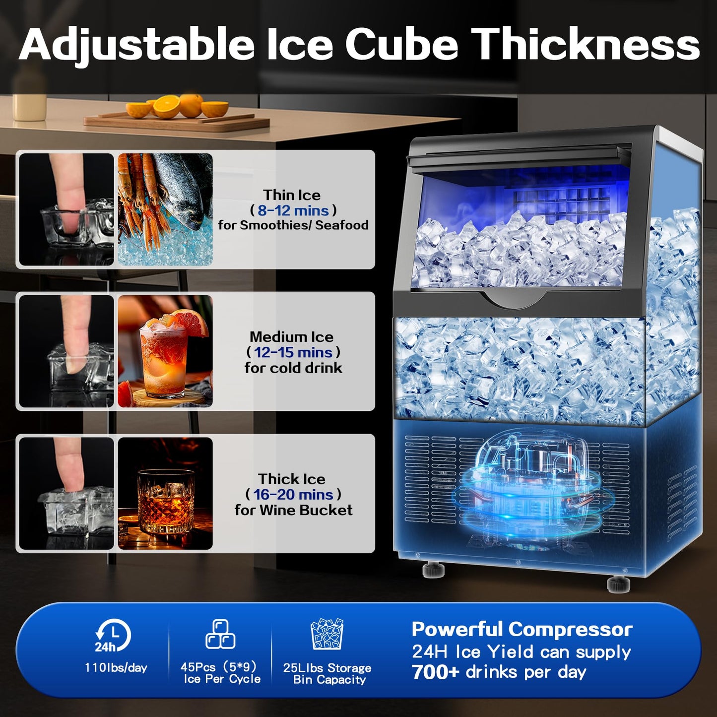 Amzgachfktch Commercial Ice Maker, 110lbs/24H Ice Maker Machine w/ 25 lbs Storage, 45 Ice Cubes in 12 Mins, Auto Self-Cleaning, Blue Light, Under Counter/Freestanding Ice Machine for Home Bar