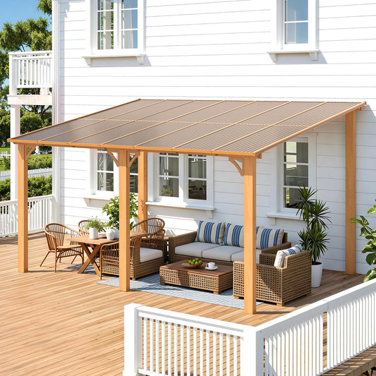 AECOJOY 14' x 10' Gazebo for Patio, Wood Grain Hard Top Lean to Gazebo Pergola with Roof (140 Sq.Ft Shaded), Large Wall-Mounted Heavy Duty Awnings for Patio, Decks, Backyard and More