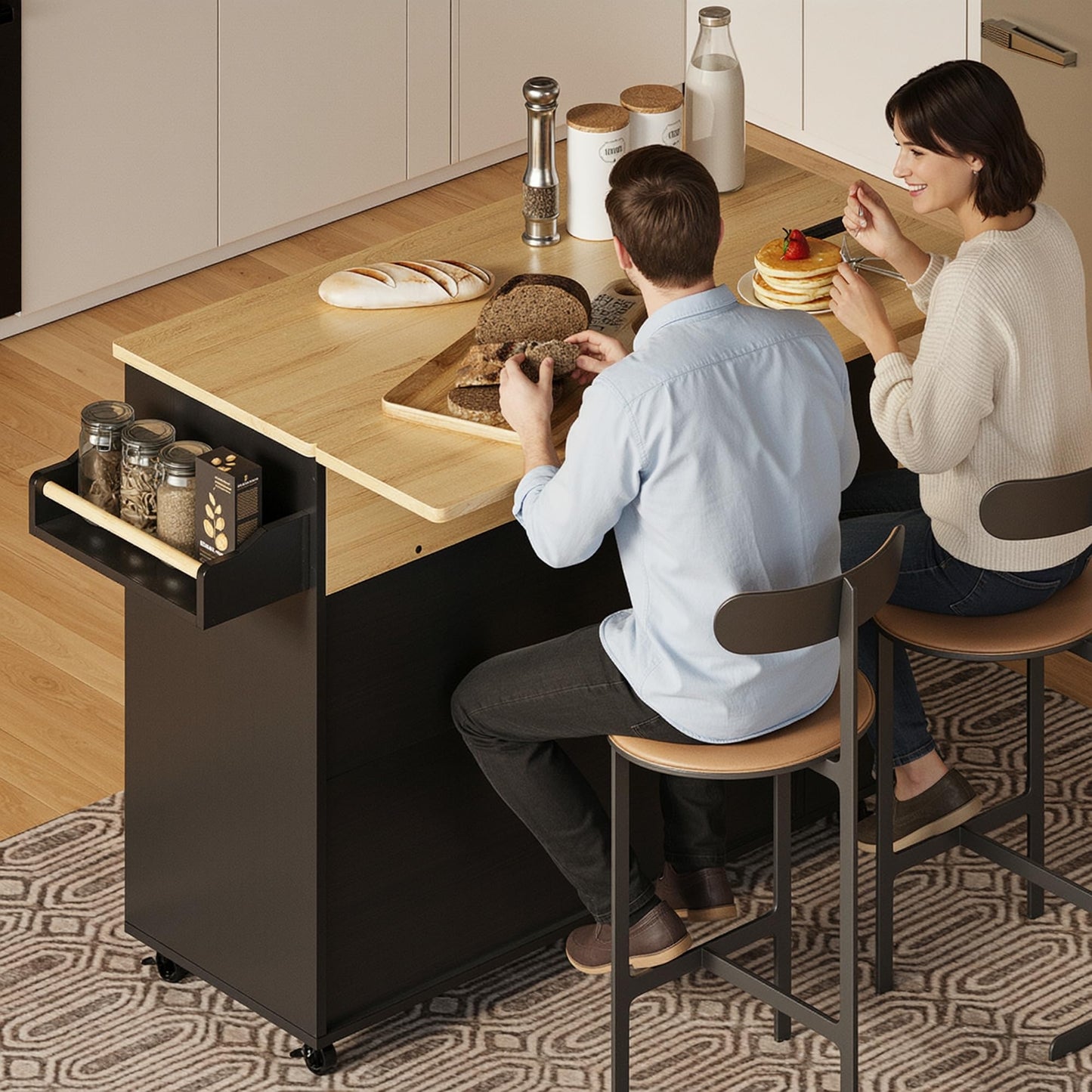 IRONCK Kitchen Island with Power Outlet & Drop Leaf, 47.2" Width Rolling Kitchen Island on Wheels with Storage, Mobile Kitchen Island Cart with Spice Rack, Open Shelves and Drawer, Black