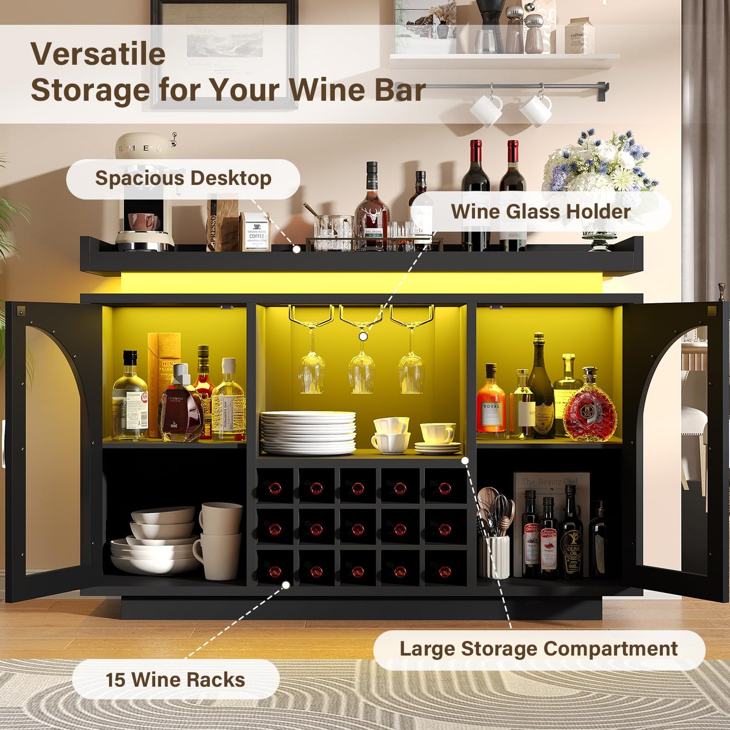 Wine Bar Cabinet with Power Outlet & LED Light, 54'' Liquor Cabinet with 15 Wine Rack & Glass Holder, Coffee Bar Cabinet for Home with Storage, 2 Arched Door, Buffet Sideboard for Living Room, Kitchen