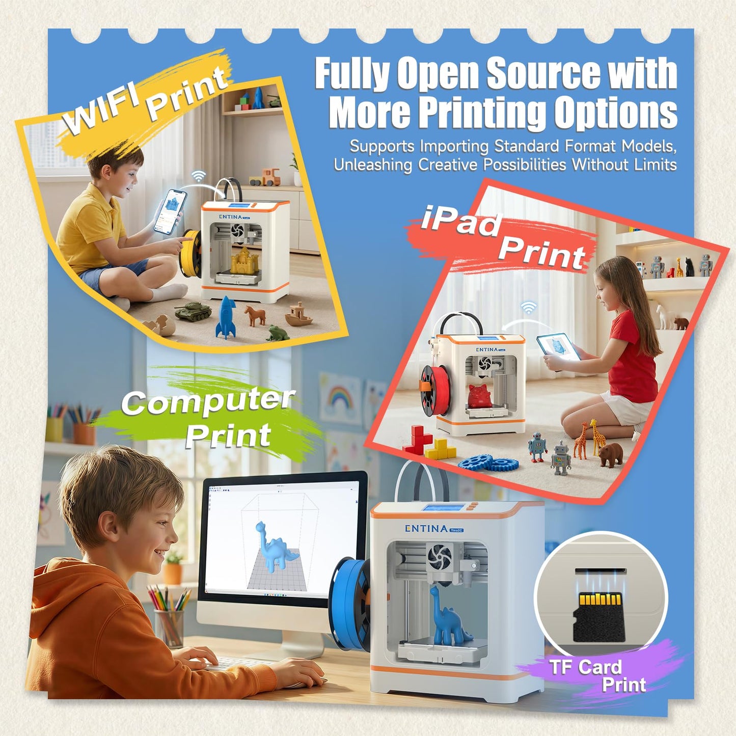 Entina Tina2C Mini 3D Printer for Kids & Beginners – Fully Assembled, Ready in 8 Minutes, App & WiFi Control, 3000+ Models, 20+ DIY Modules, Auto Leveling, High Precision for Home & STEM Learning
