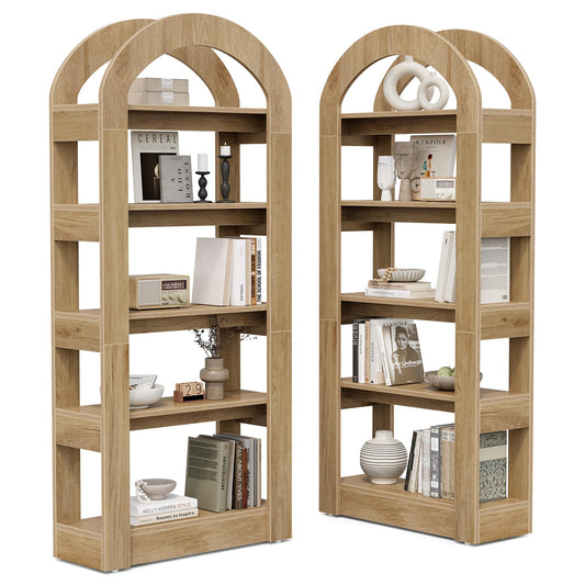 LITTLE TREE 5-Tier Bookshelf, Arch-Shaped Racks, Tall Standing Wooden Bookcase Display Shelf Modern Storage Solution (2, Teak Color)