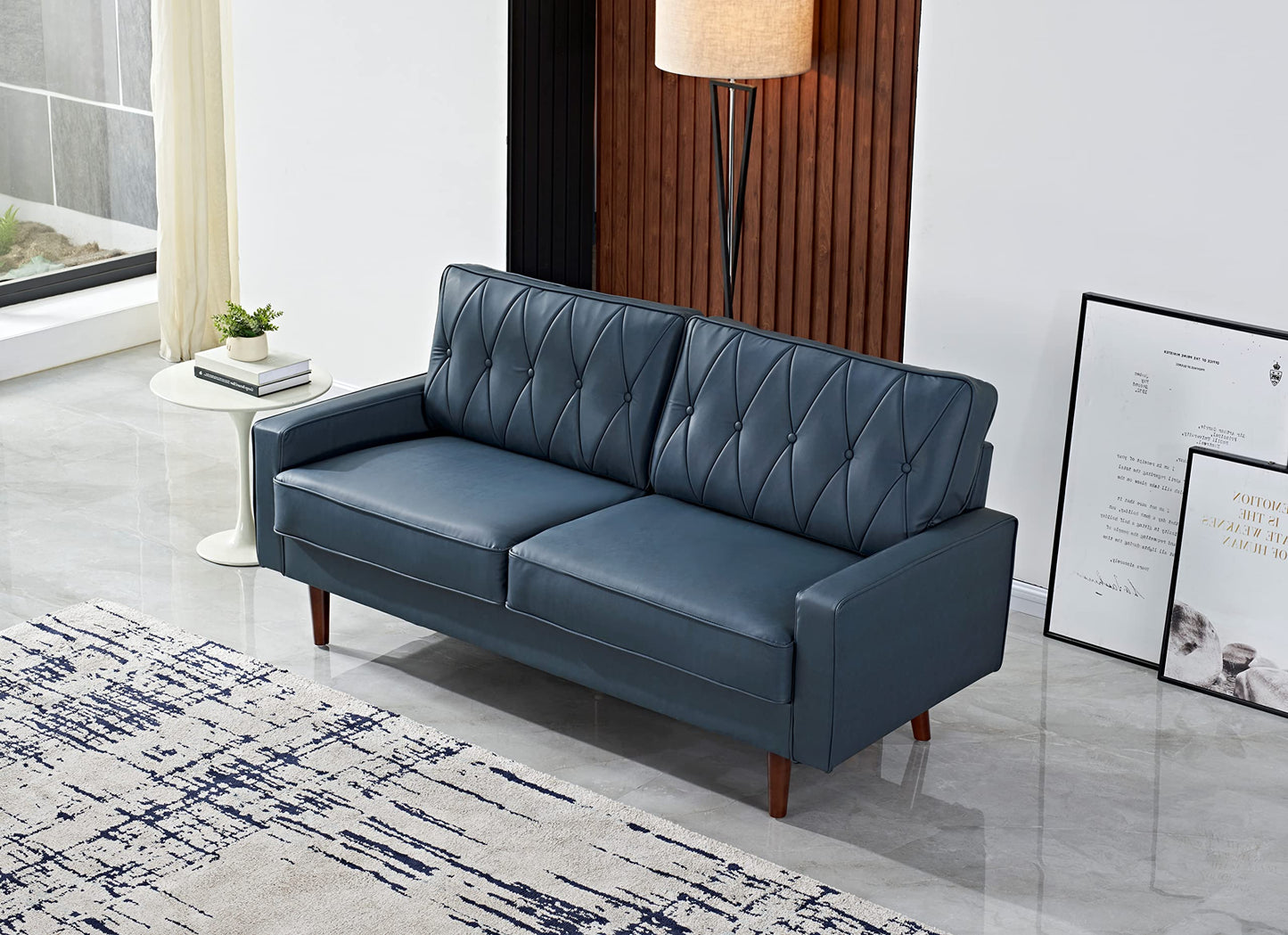 Container Furniture Modern Style Faux Leather Sofa with Elegant Round Tapered Legs and Button Tufted Backrest Perfect for Living Room, Bedroom or Home Office, 69.3’’ Wide, Blue