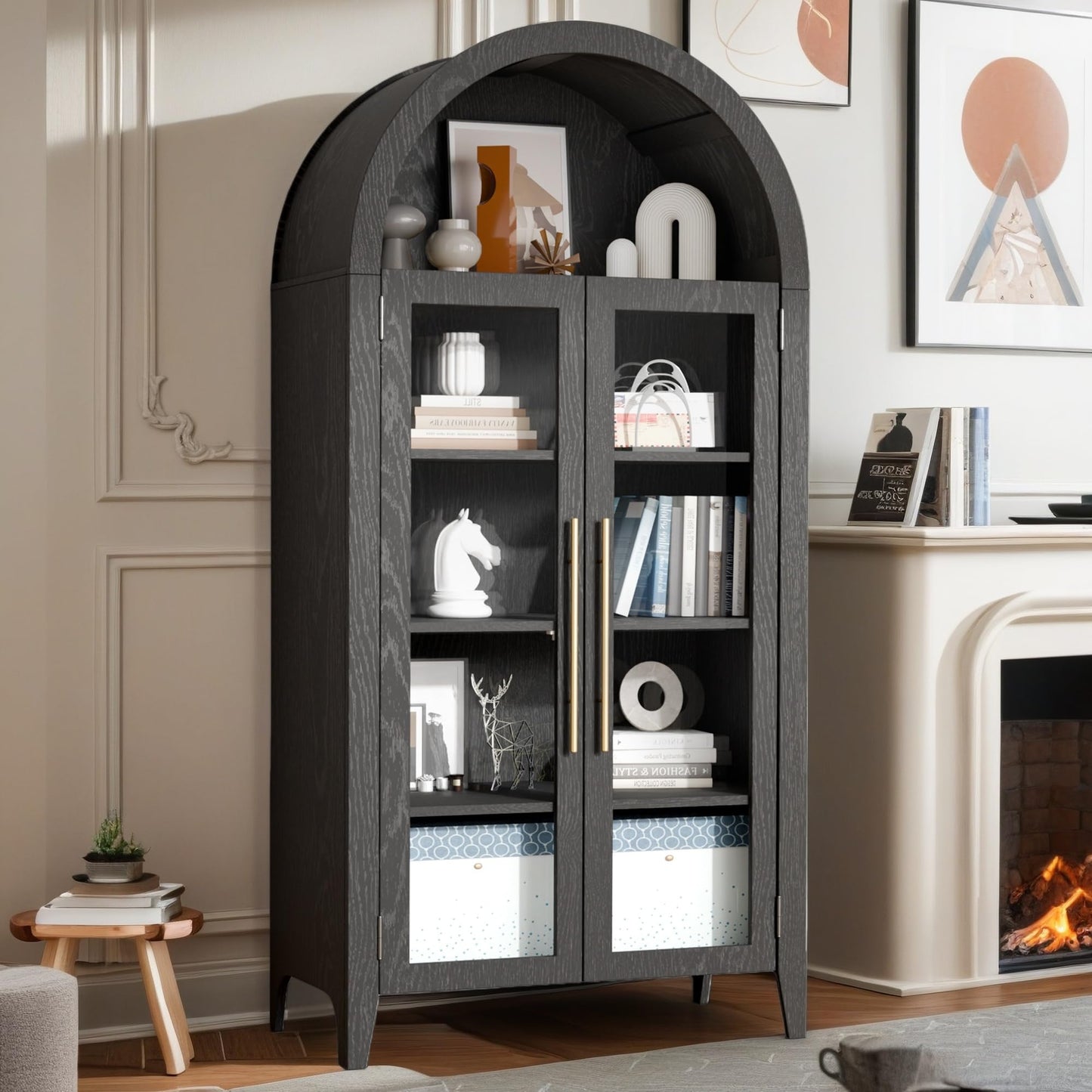 Trygoal Arched Display Cabinet with Tempered Glass Doors Heavy Duty 5 Tier Curio Cabinet with Adjustable Shelves Modern Arched Bookshelf Free Standing Bookcase Pantry for Living Room Kitchen Black