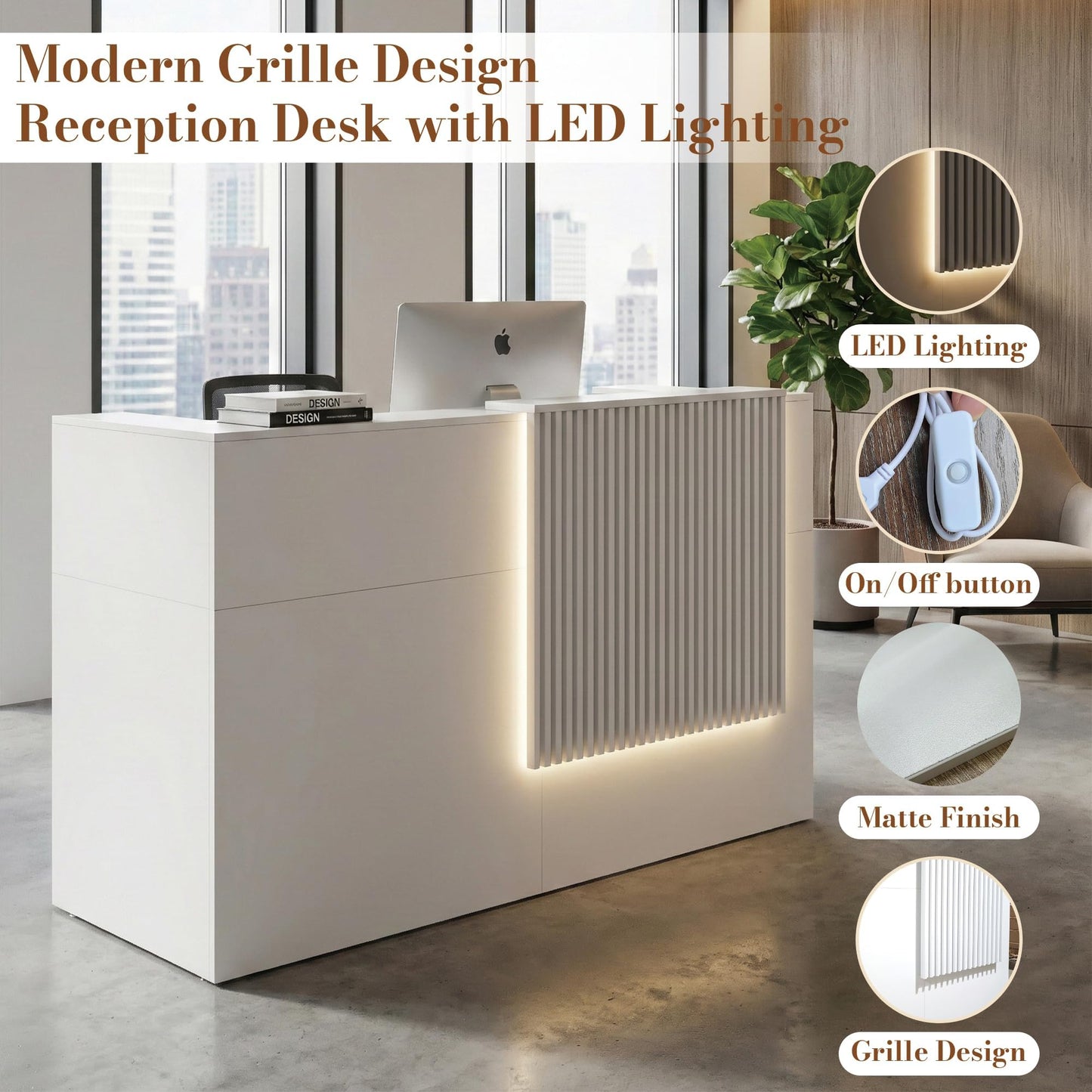 Reception Desk with Counter, Small Front Desk Reception Counter Lockable Drawer, Grille Design Wooden Modern Reception Table for Salon Lobby Office Home Supermarket (White-1)