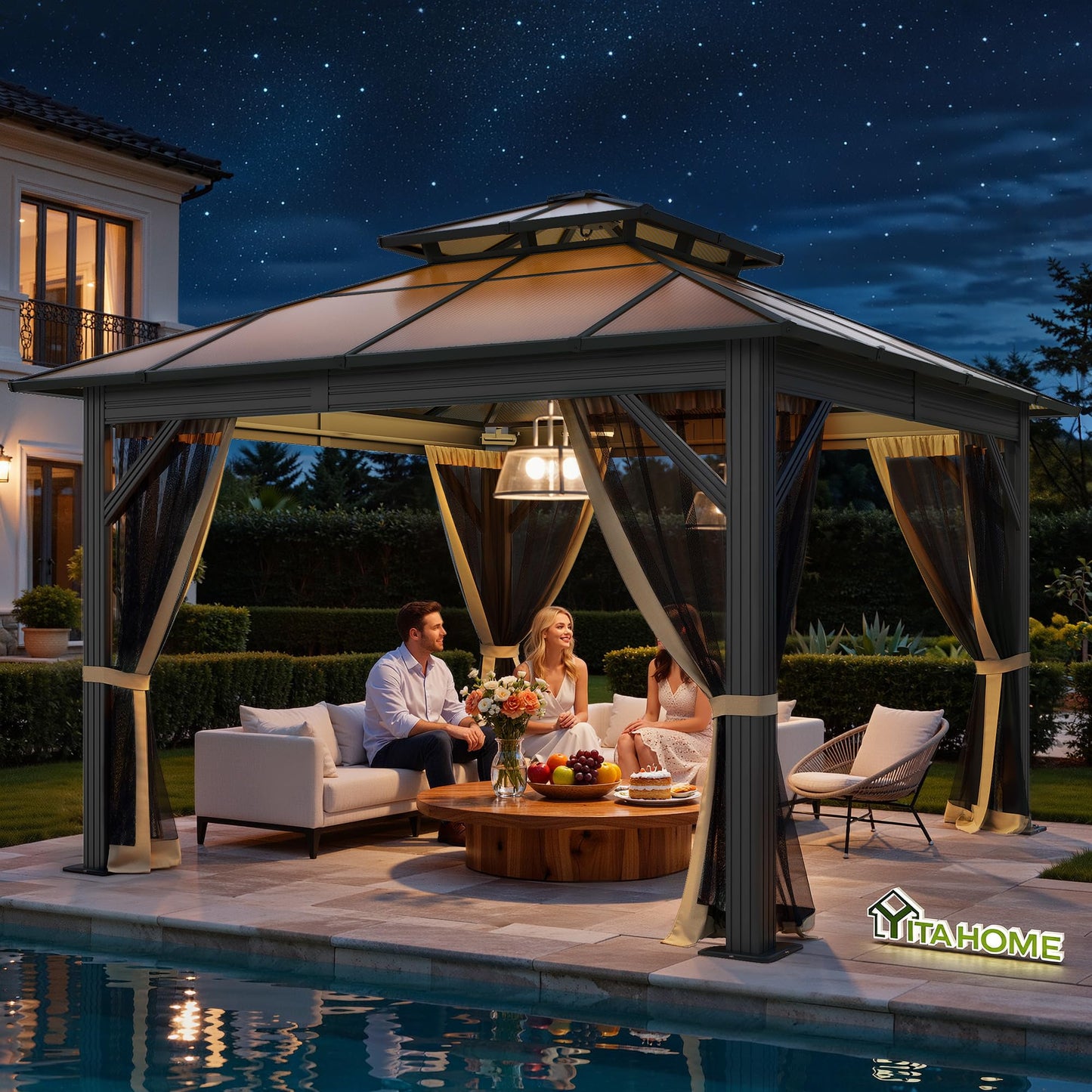 YITAHOME 10X12FT Polycarbonate Gazebo Outdoor Patio Double Top Canopy Galvanized Iron Aluminum Column Garden Tent Curtains Netting for Backyards Decks Lawns,Brown
